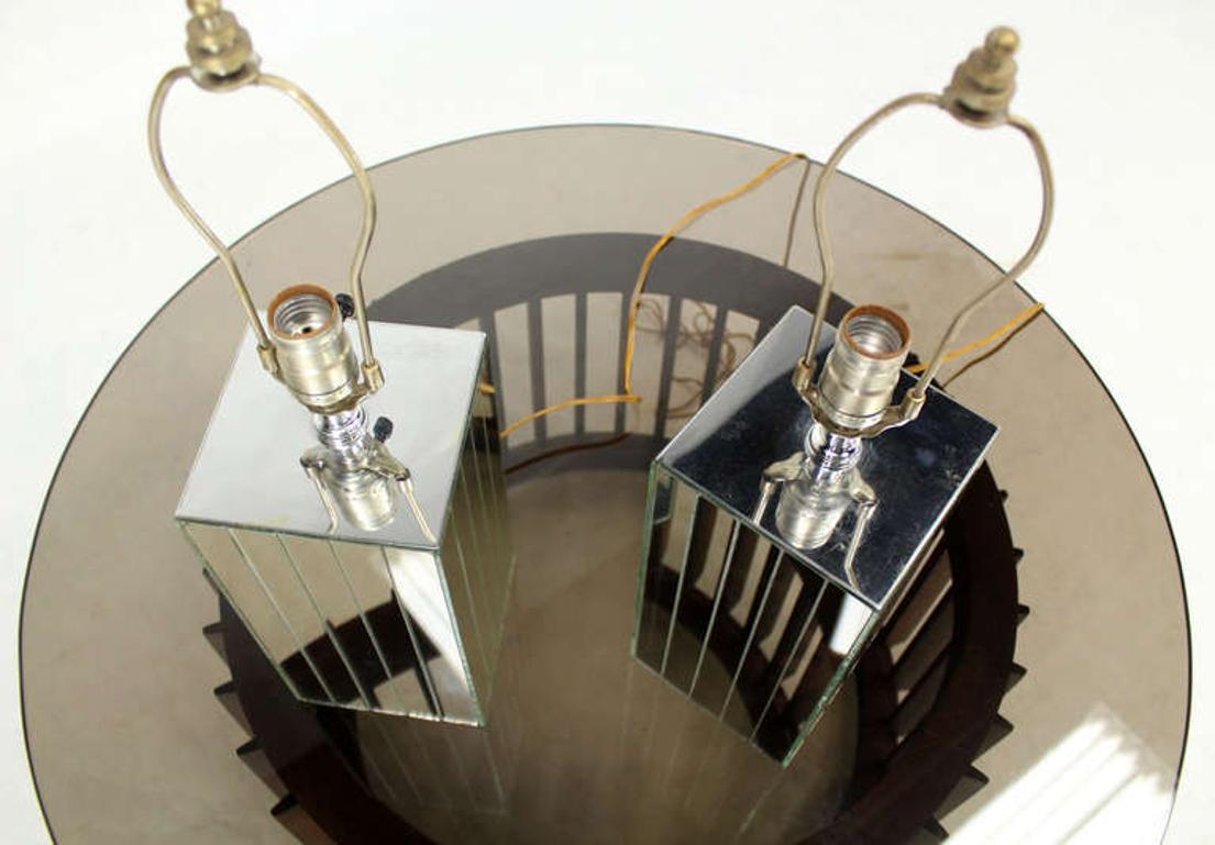 Glass Pair of Square Sky Scraper Shape Mid-Century Modern Mirrored Table Lamps MINT! For Sale
