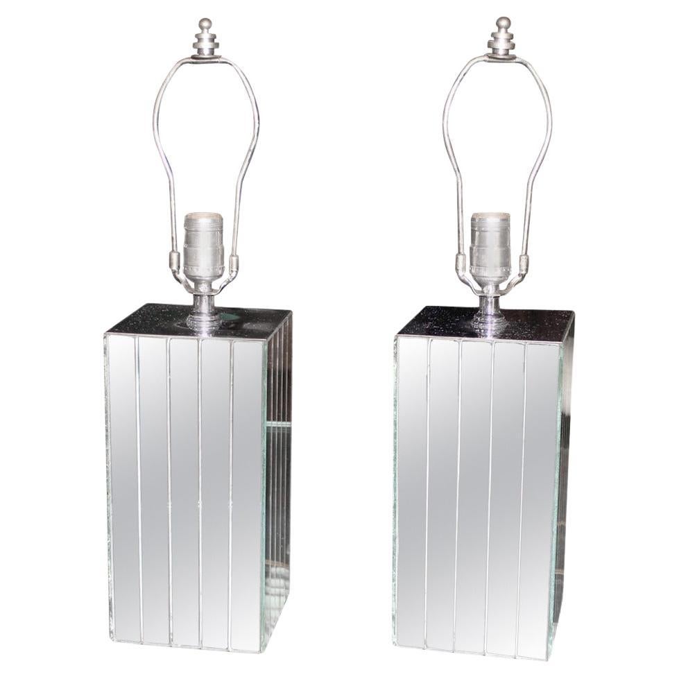 Pair of Square Sky Scraper Shape Mid-Century Modern Mirrored Table Lamps MINT! For Sale