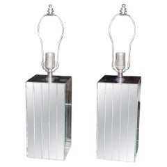 Pair of Square Sky Scraper Shape Mid-Century Modern Mirrored Table Lamps MINT!