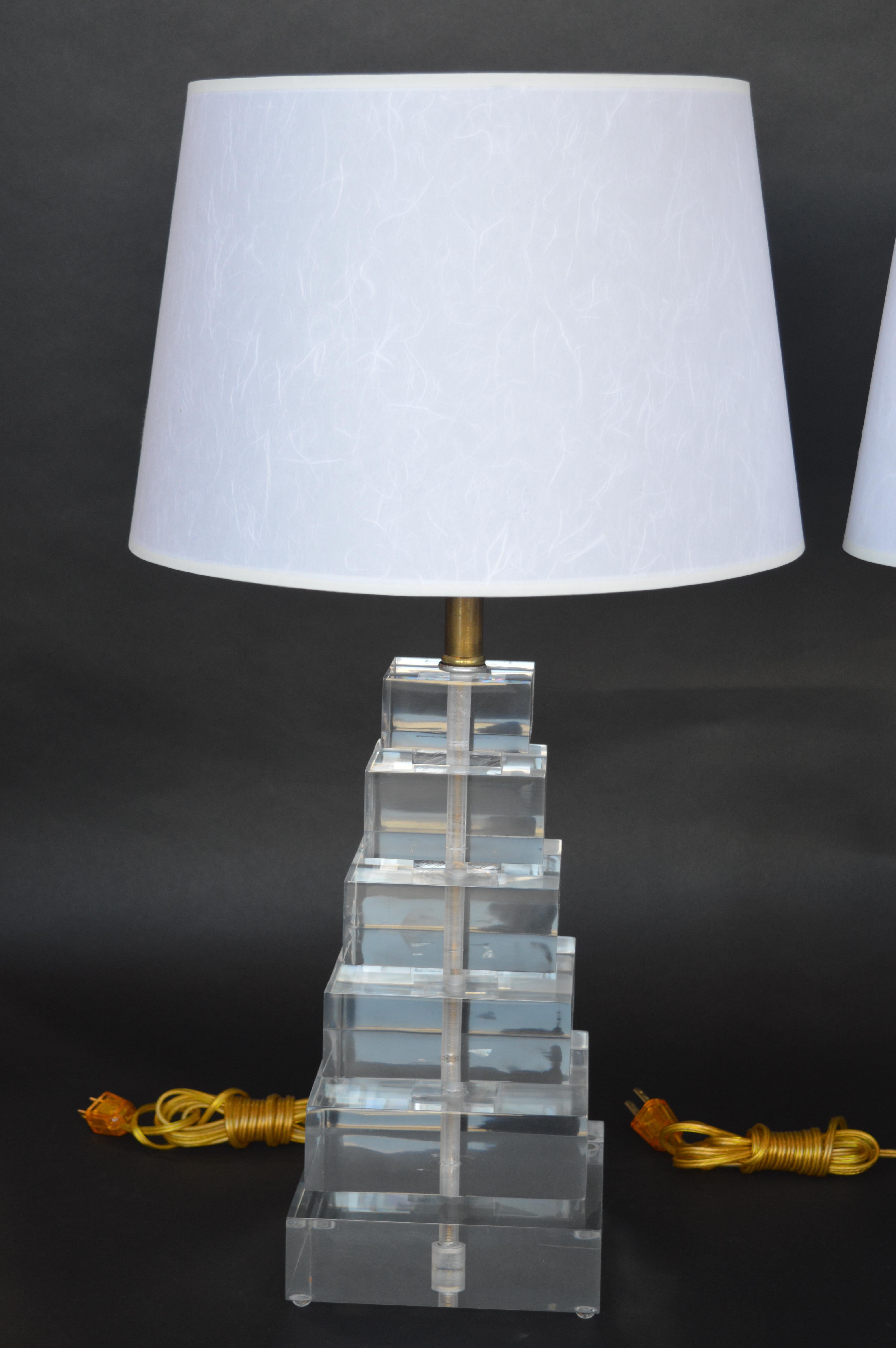Pair of stacked square acrylic lamps.
Measurements with the shade are 27 inches H x 15 inches D.