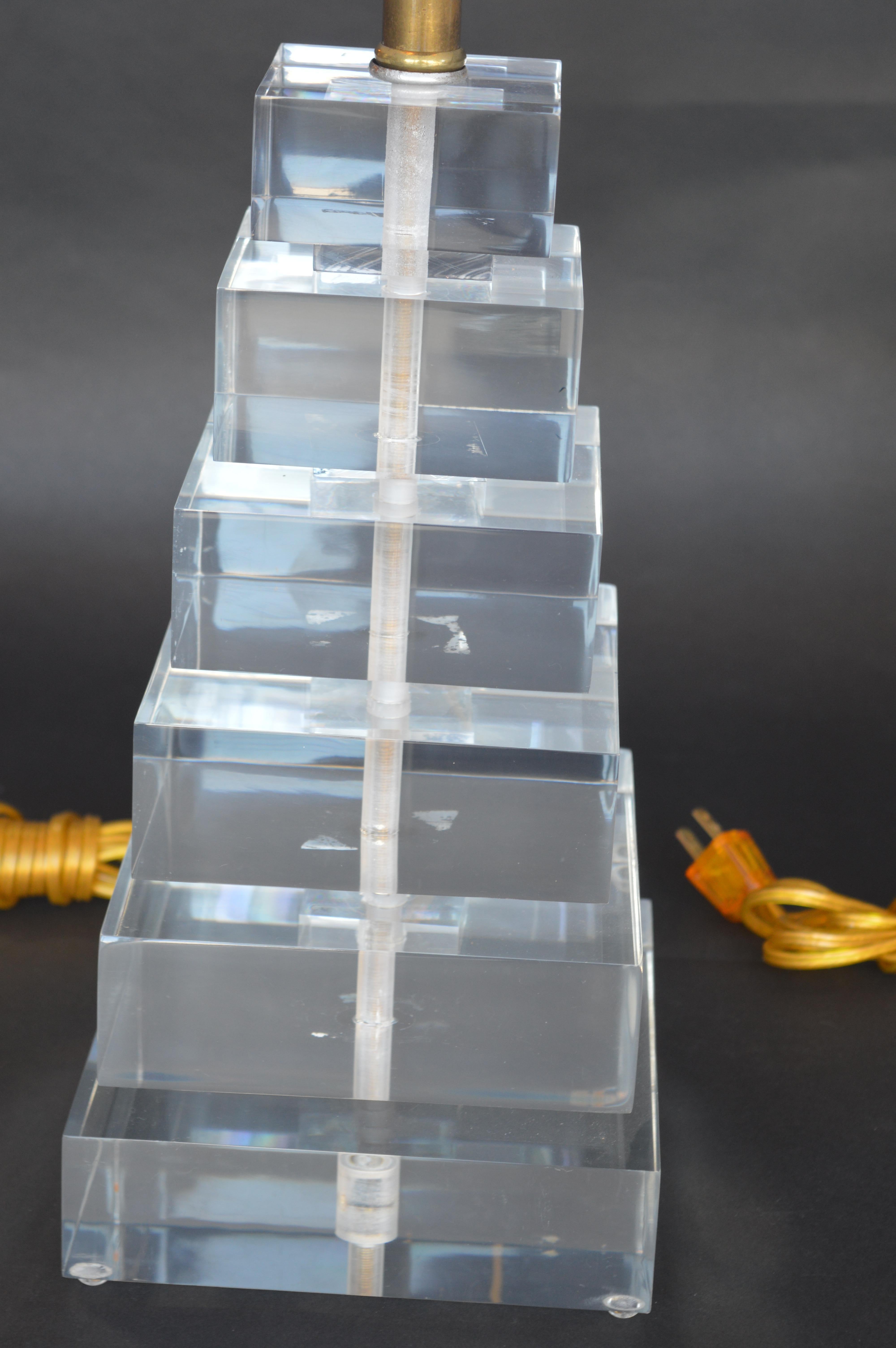 American Pair of Square Stacked Acrylic Lamps