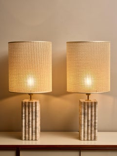 Pair of Square Stepped Travertine Table Lamps