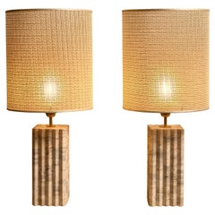 Pair of Square Stepped Travertine Table Lamps
