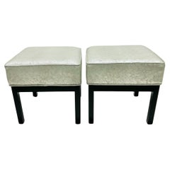 Pair of Square Stools in Luxe Silver Shagreen Leather and Walnut Stained Legs