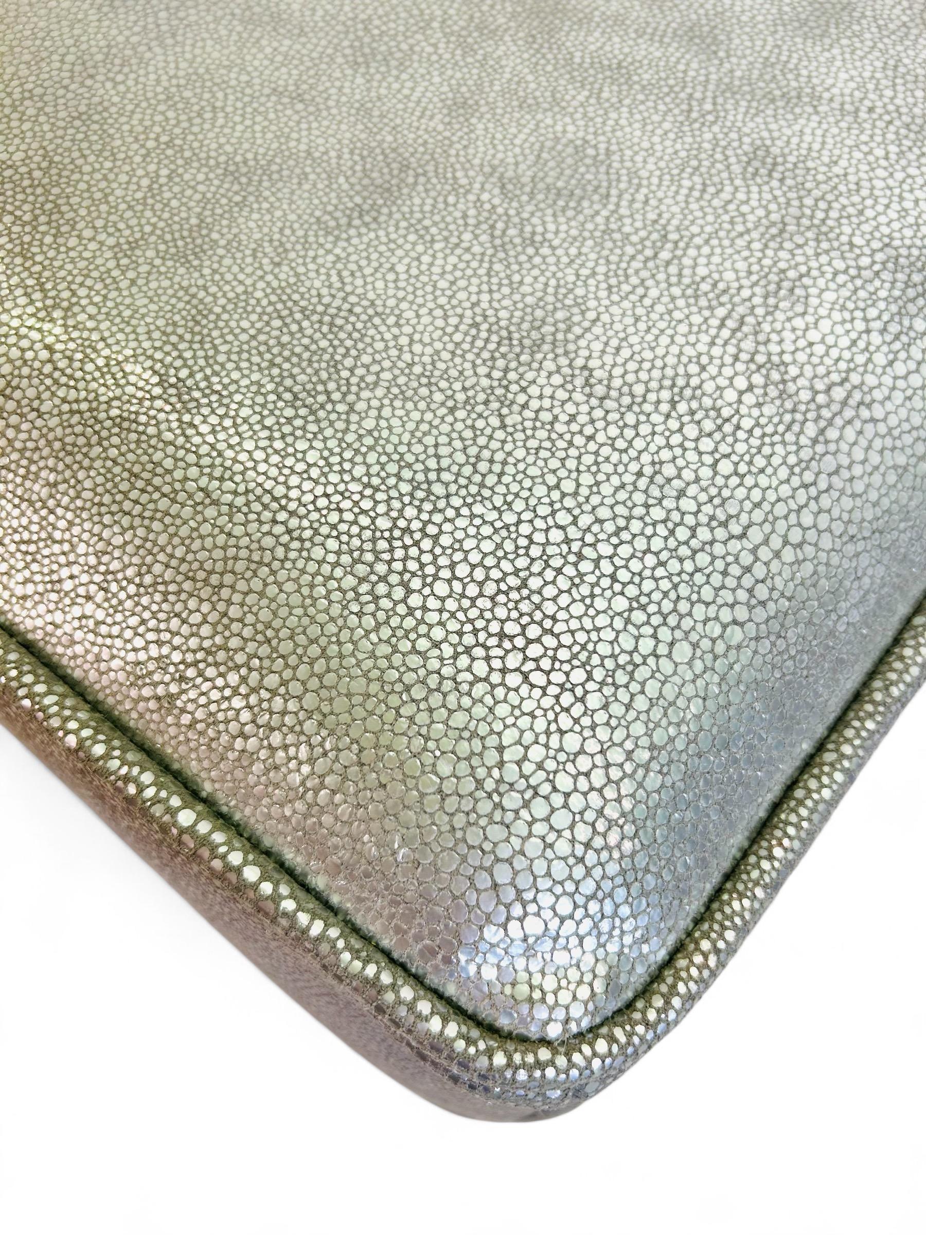 American Pair of Square Stools in Luxe Silver Shagreen Leather and Walnut Stained Legs For Sale