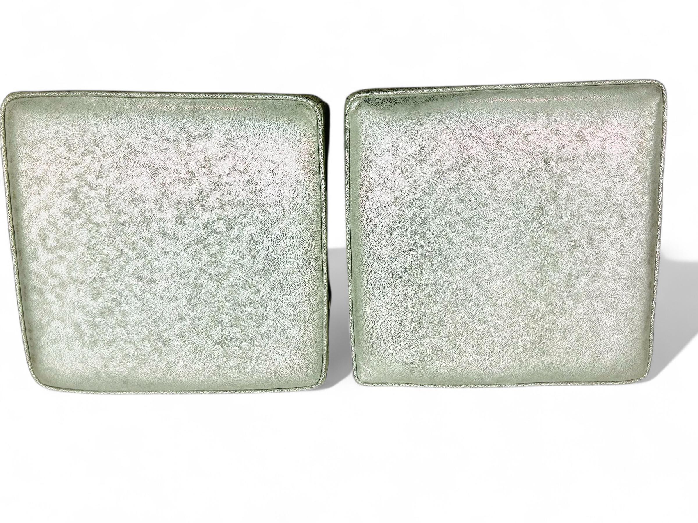Hand-Crafted Pair of Square Stools in Luxe Silver Shagreen Leather and Walnut Stained Legs For Sale