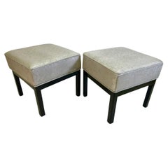 Pair of Square Stools in Luxe Silver Shagreen Leather and Walnut Stained Legs