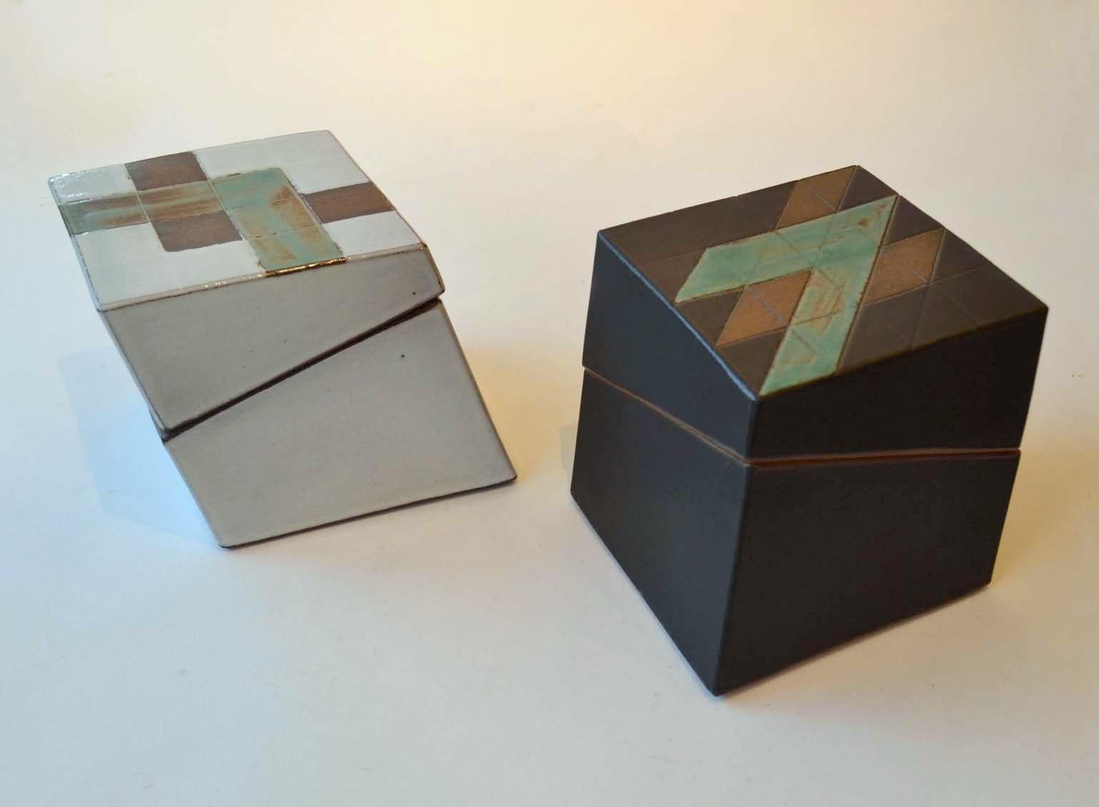 Pair of Square Geometric Ceramic Boxes in Black and White For Sale 4