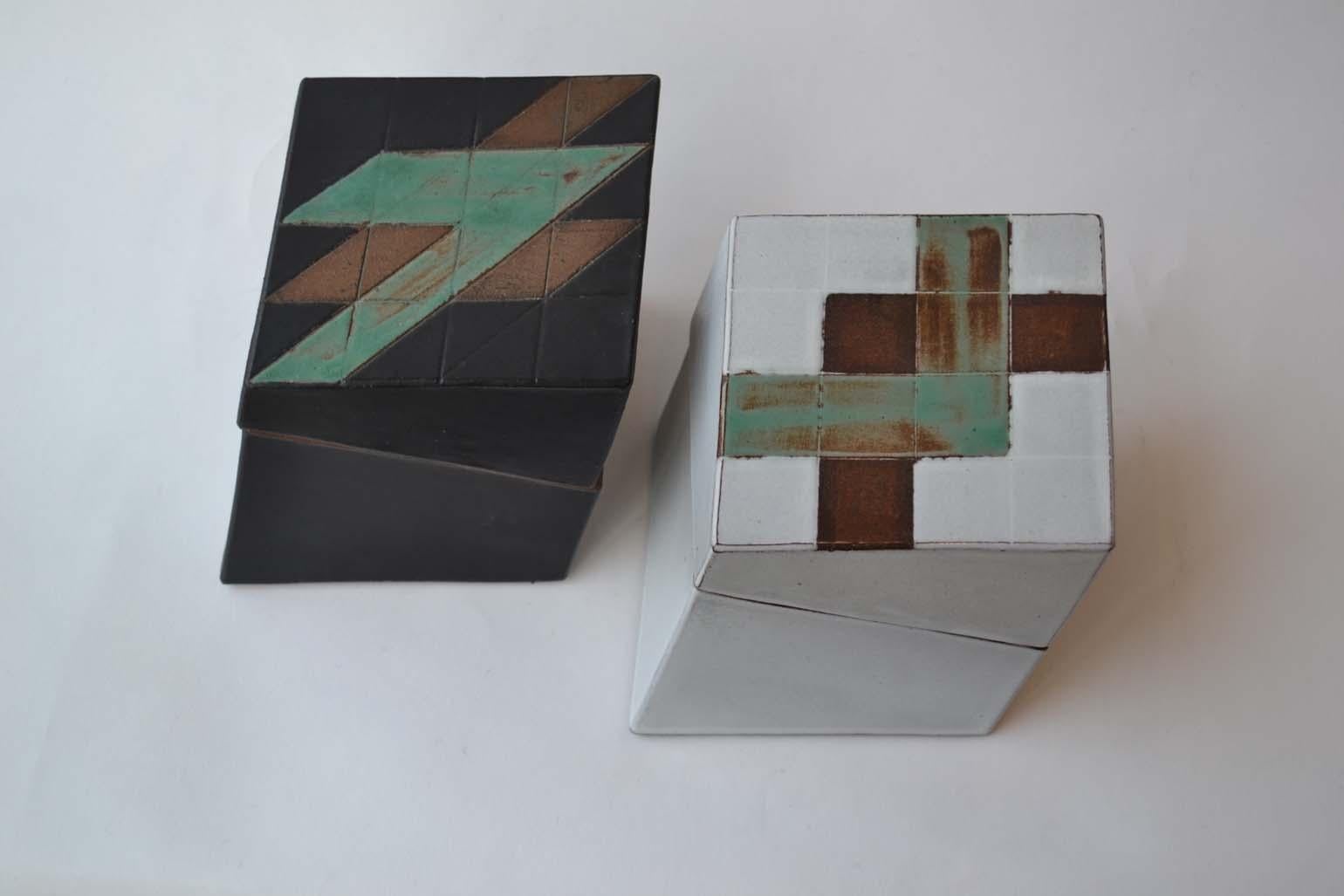 European Pair of Square Geometric Ceramic Boxes in Black and White For Sale