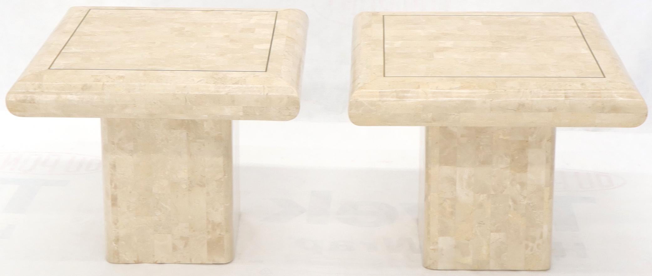 Mid-Century Modern Pair of Square Tessellated Stone Veneer Brass Inlay End Tables Stands For Sale