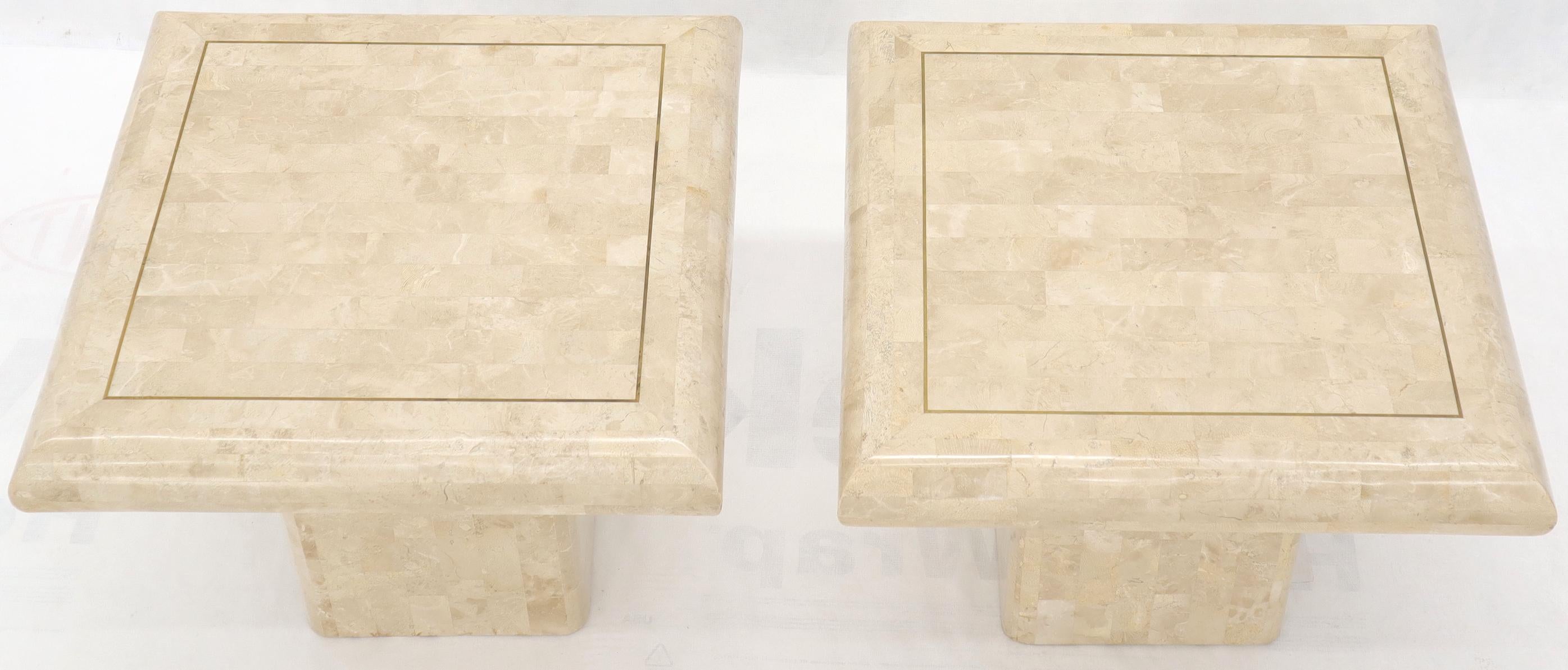 Unknown Pair of Square Tessellated Stone Veneer Brass Inlay End Tables Stands For Sale