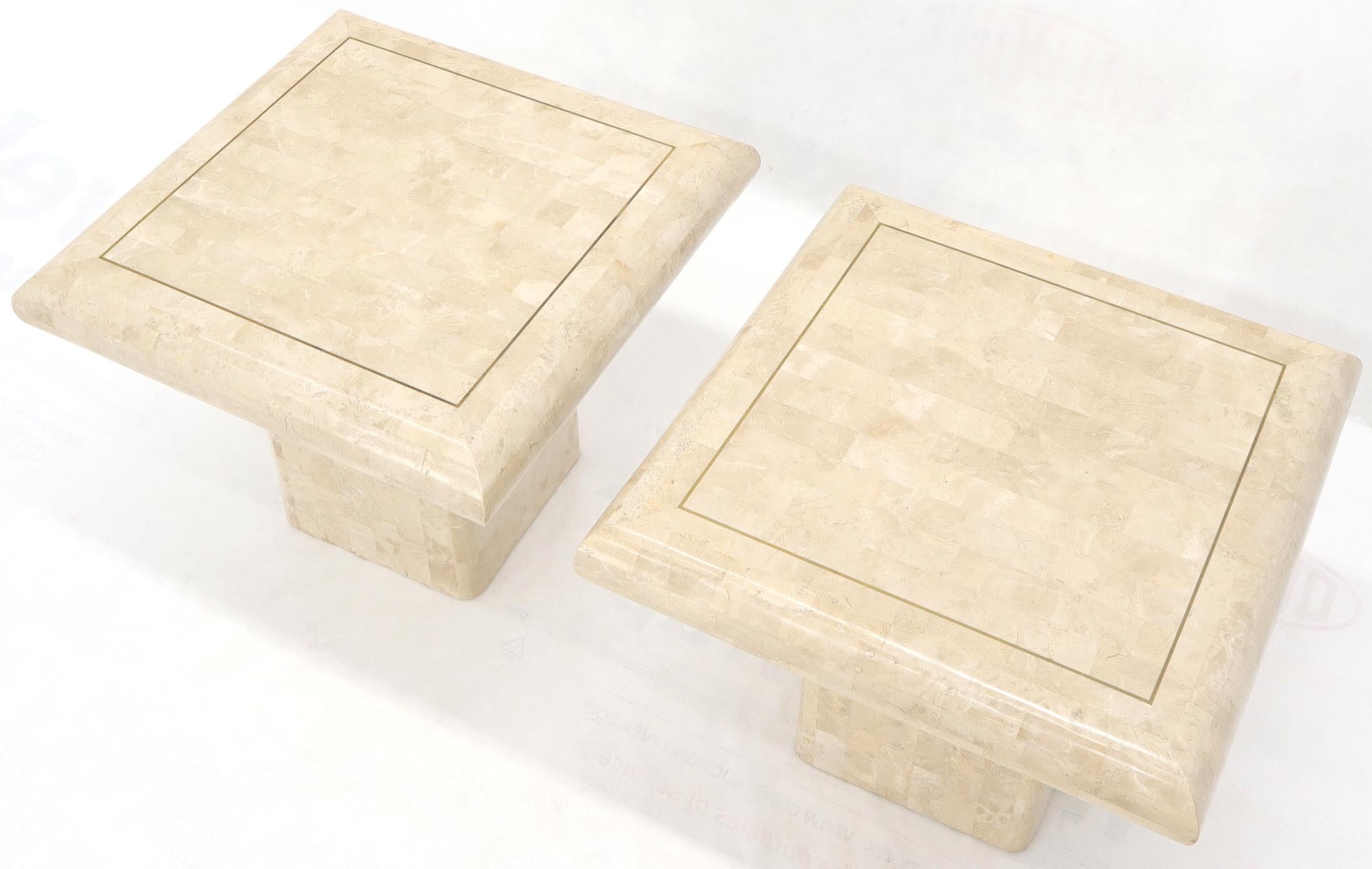 Pair of Square Tessellated Stone Veneer Brass Inlay End Tables Stands In Excellent Condition For Sale In Rockaway, NJ