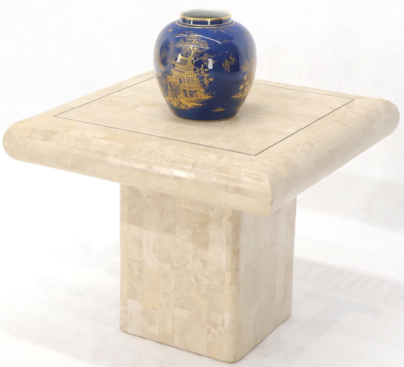 20th Century Pair of Square Tessellated Stone Veneer Brass Inlay End Tables Stands For Sale