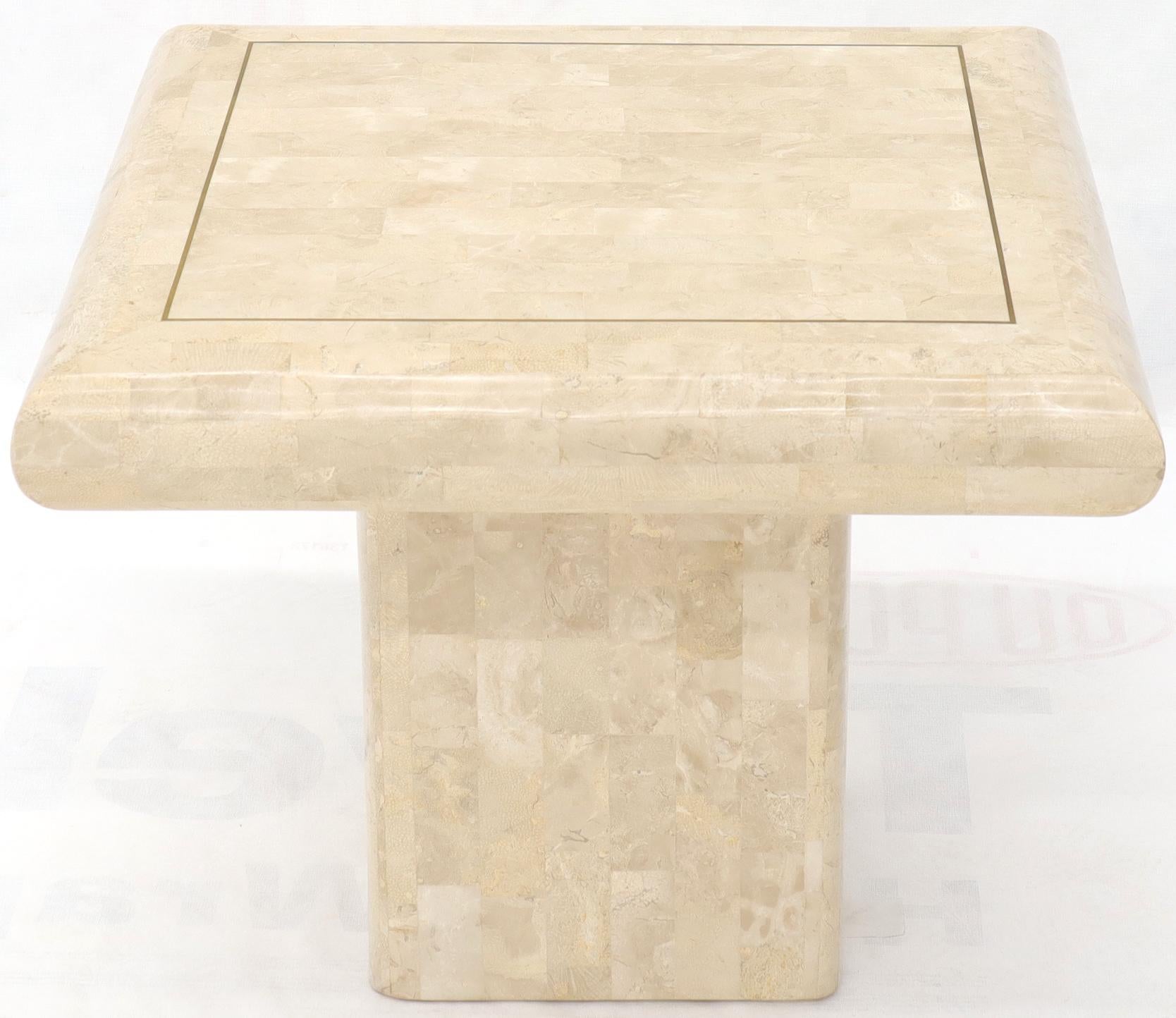 Pair of Square Tessellated Stone Veneer Brass Inlay End Tables Stands For Sale 1