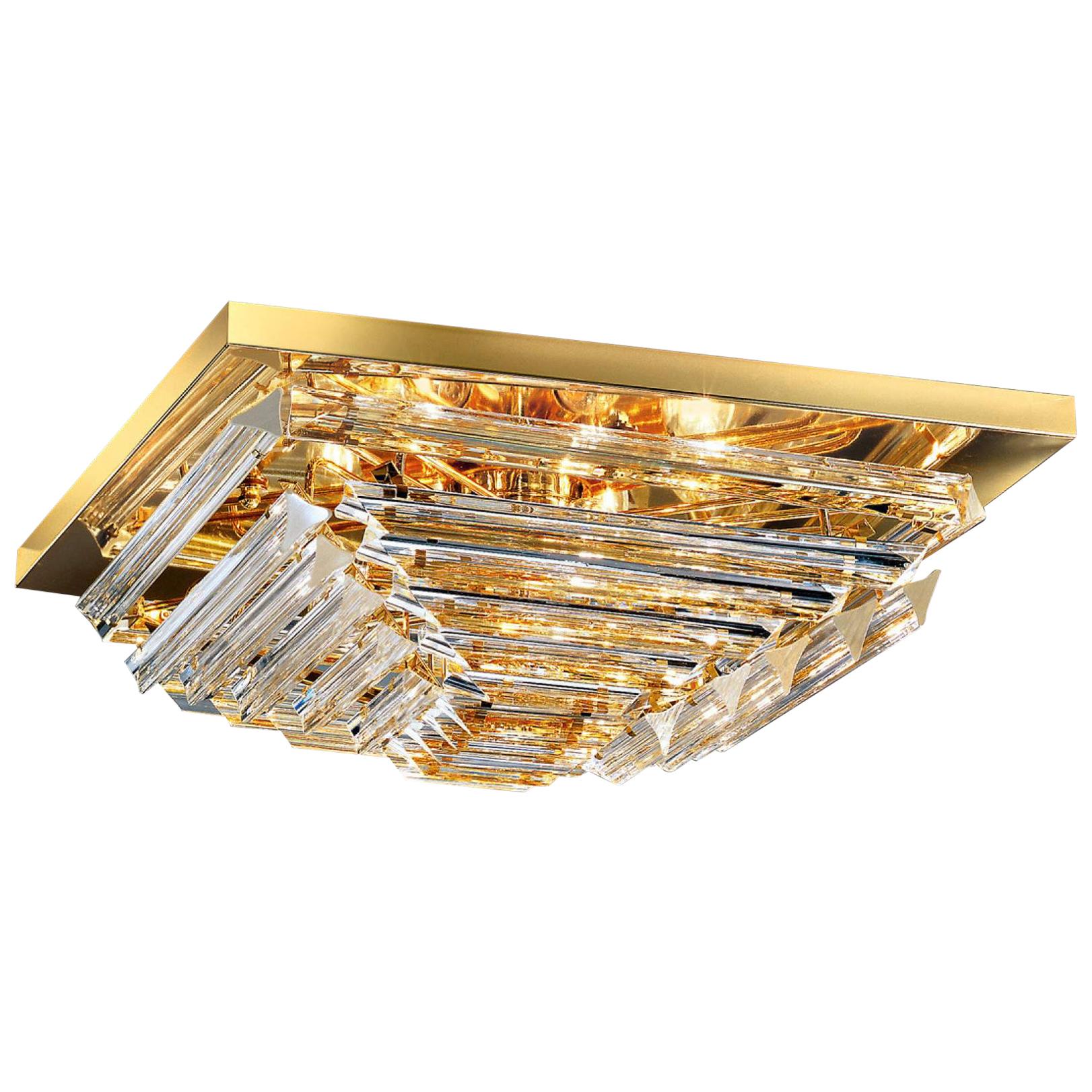 Gorgeous contemporary square ceiling light with clear triedi Murano glasses on gold plated square frame.
   
Four E 14 light bulbs. We can wire for your country standards.
  