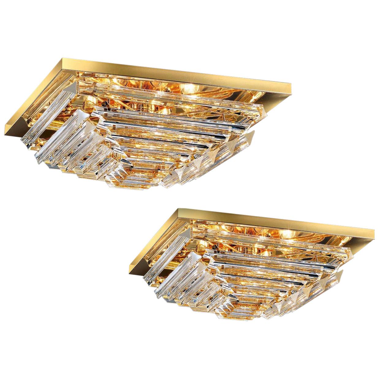 Pair of Square Triedi Murano Glass Contemporary Flush Mount or Ceiling Light For Sale