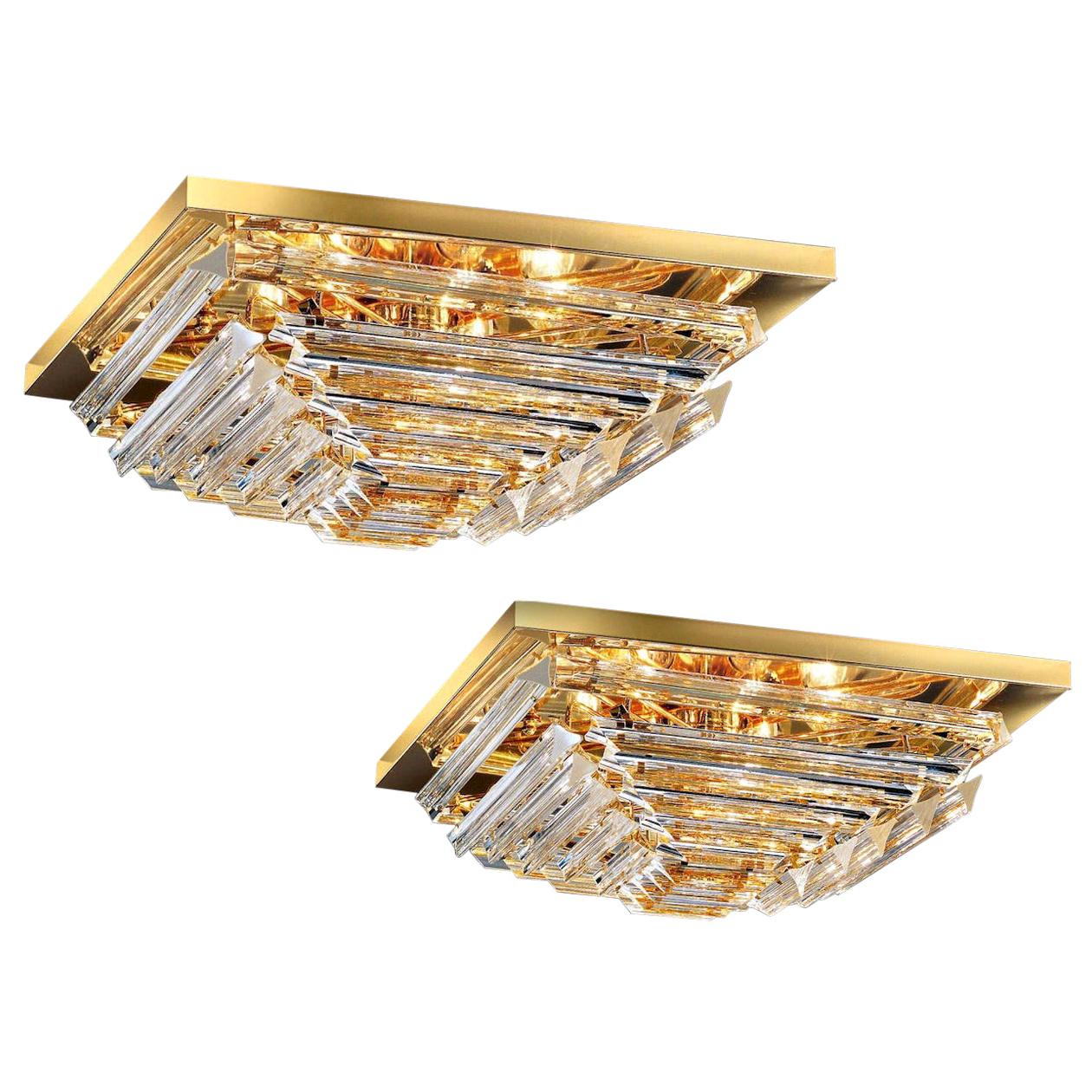 Pair of Square Triedi Murano Glass Contemporary Flush Mount or Ceiling Light For Sale