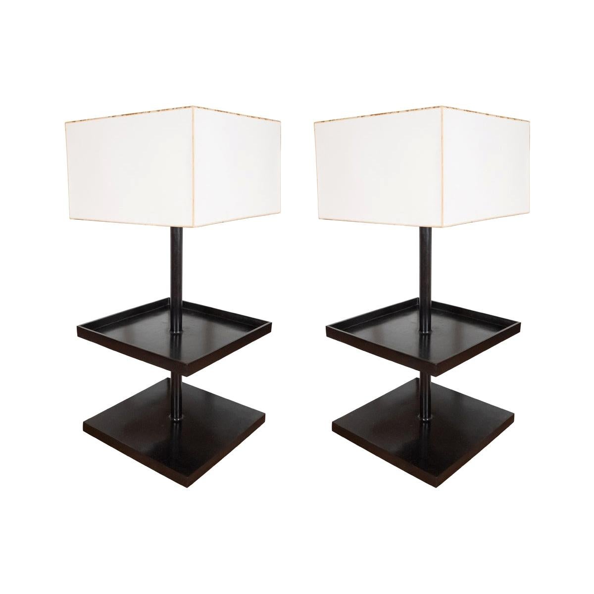 Pair of Square Two-Tier Bronze Tables with Lamps