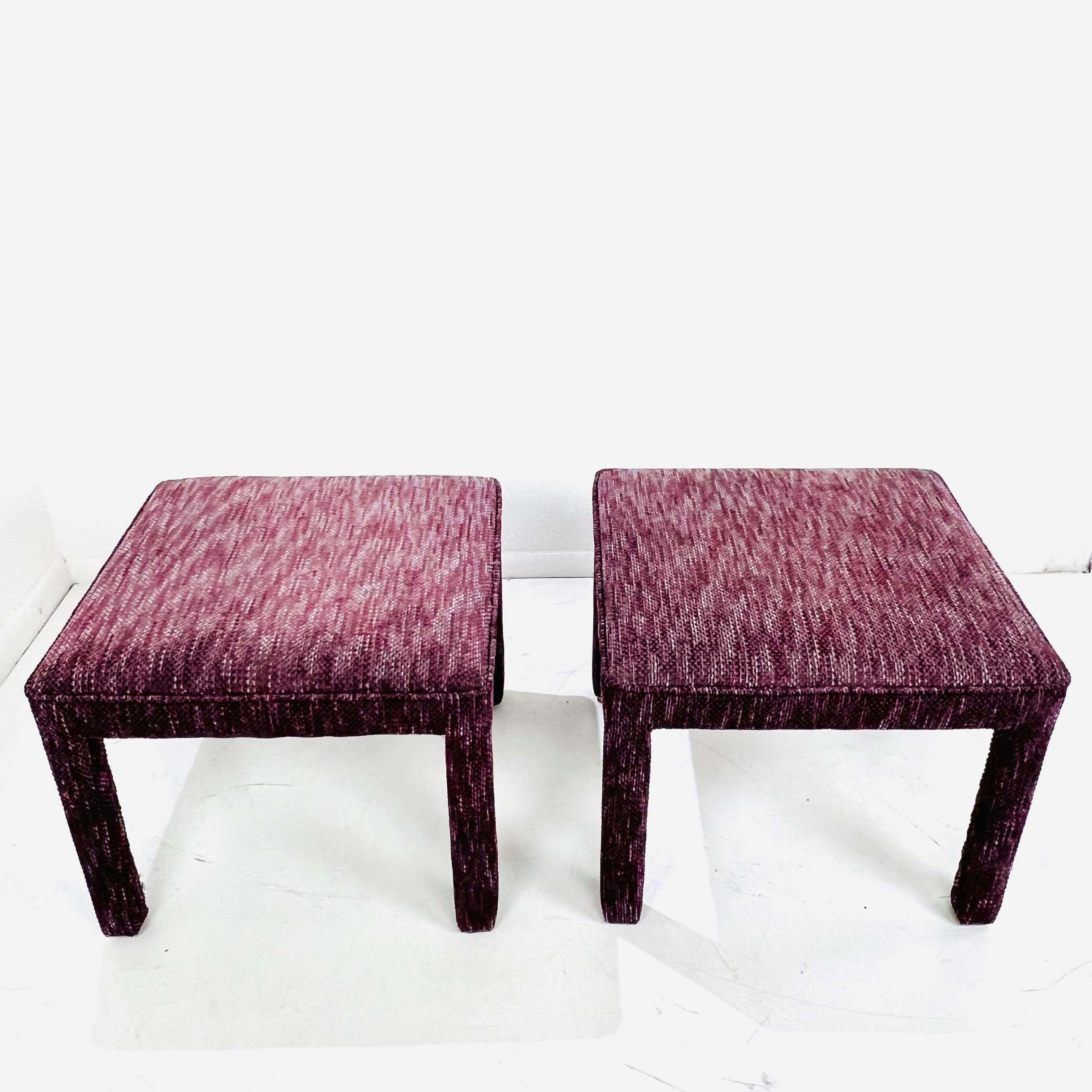 Mid-Century Modern Pair of Square Upholstered Parsons Style Ottomans For Sale