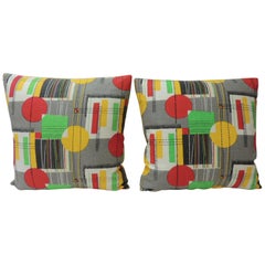 Pair of Square Vintage Barkcloth Textile with Contemporary Pattern Throw Pillows