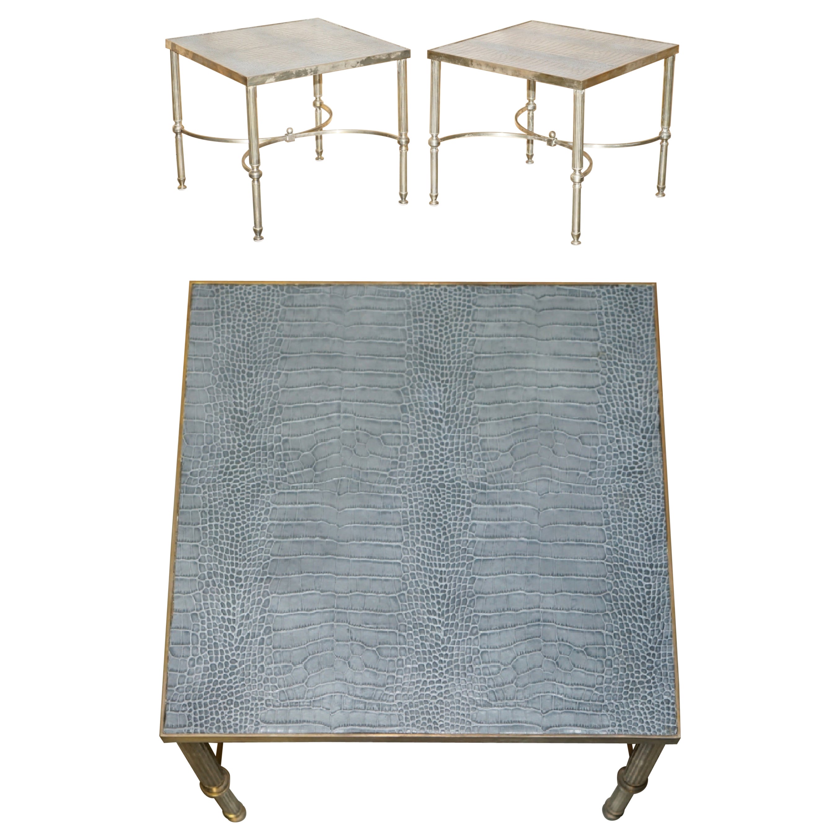 PAIRO DI TAVOLETTE QUADRATE VINTAGE IN PELLE PATINA CROMO CROCODILE ALLIGATORE