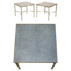 PAIRO DI TAVOLETTE QUADRATE VINTAGE IN PELLE PATINA CROMO CROCODILE ALLIGATORE