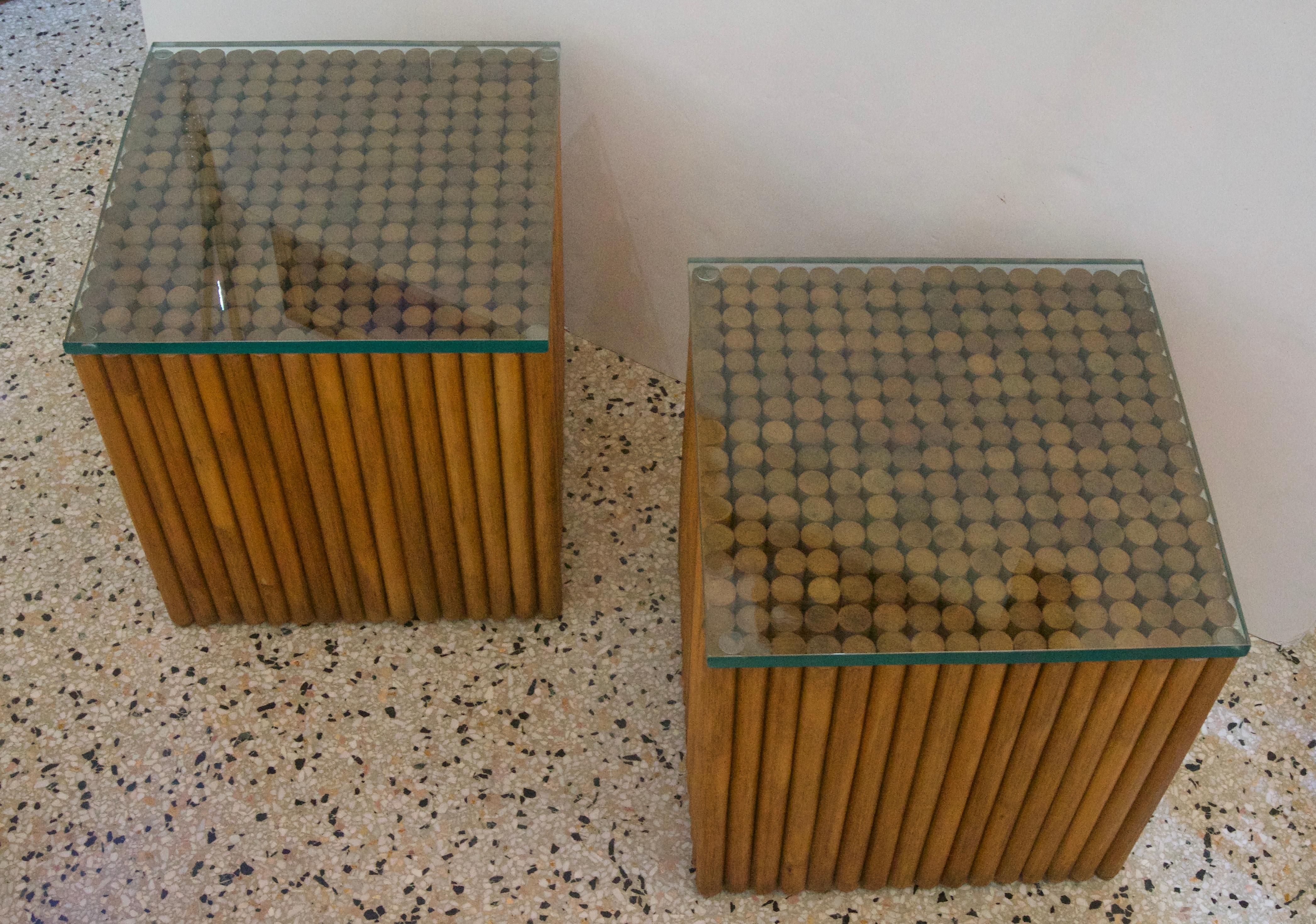 American Pair of Square, Vintage Rattan Side Tables