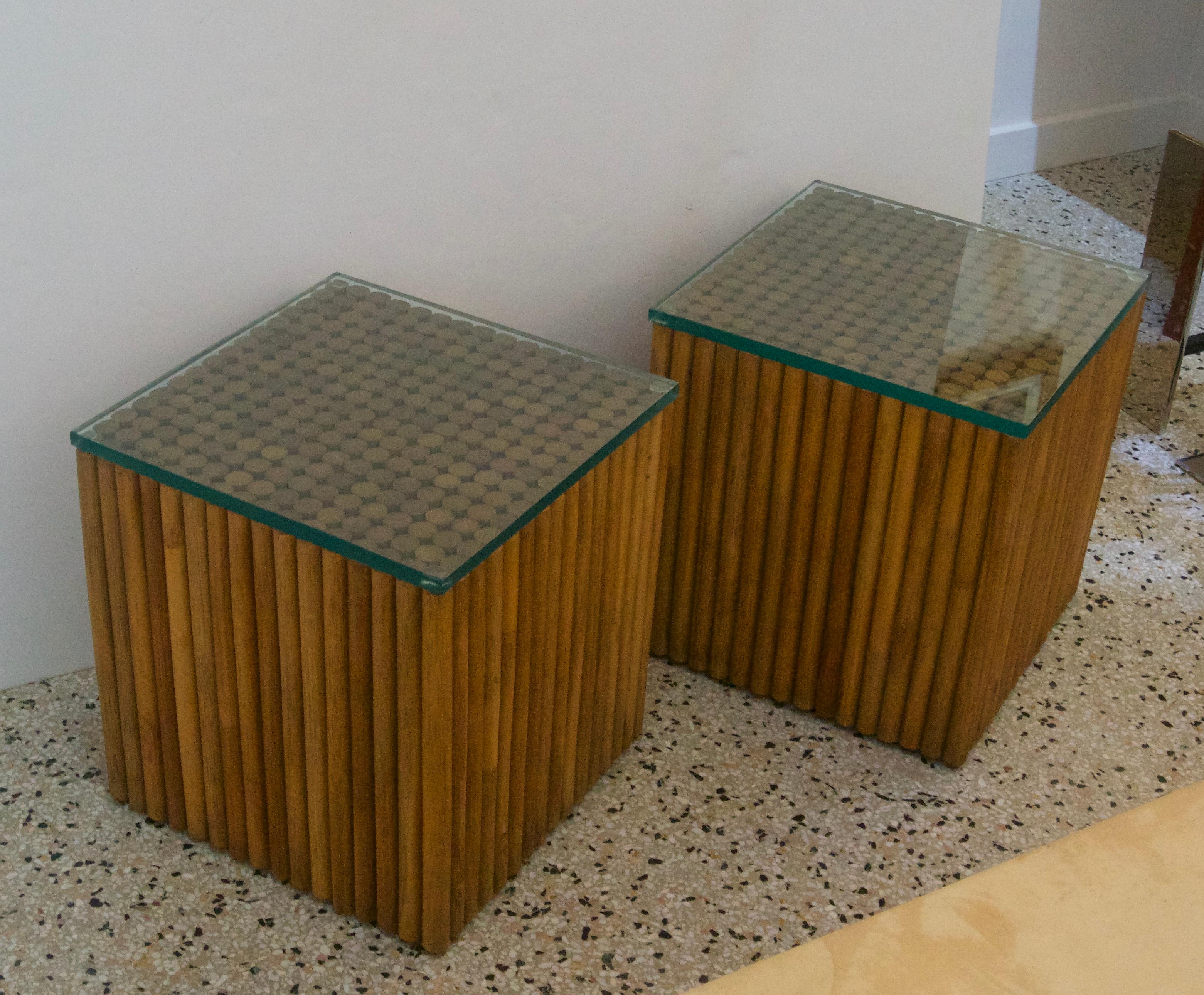 Hand-Crafted Pair of Square, Vintage Rattan Side Tables