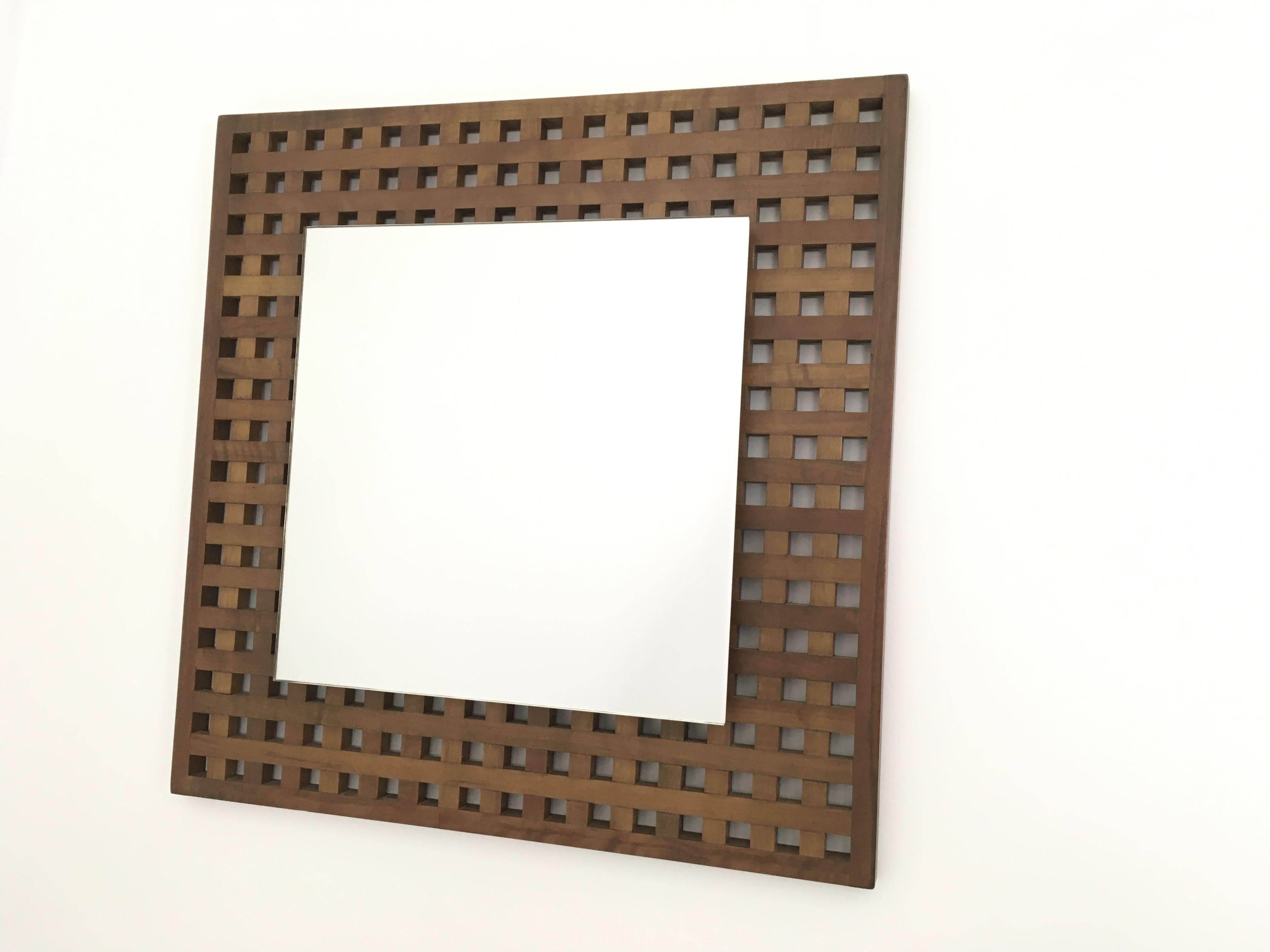 Mid-20th Century Vintage Pair of Square Walnut Mirrors Produced by Sant'Ambrogio e Deberti, Italy For Sale