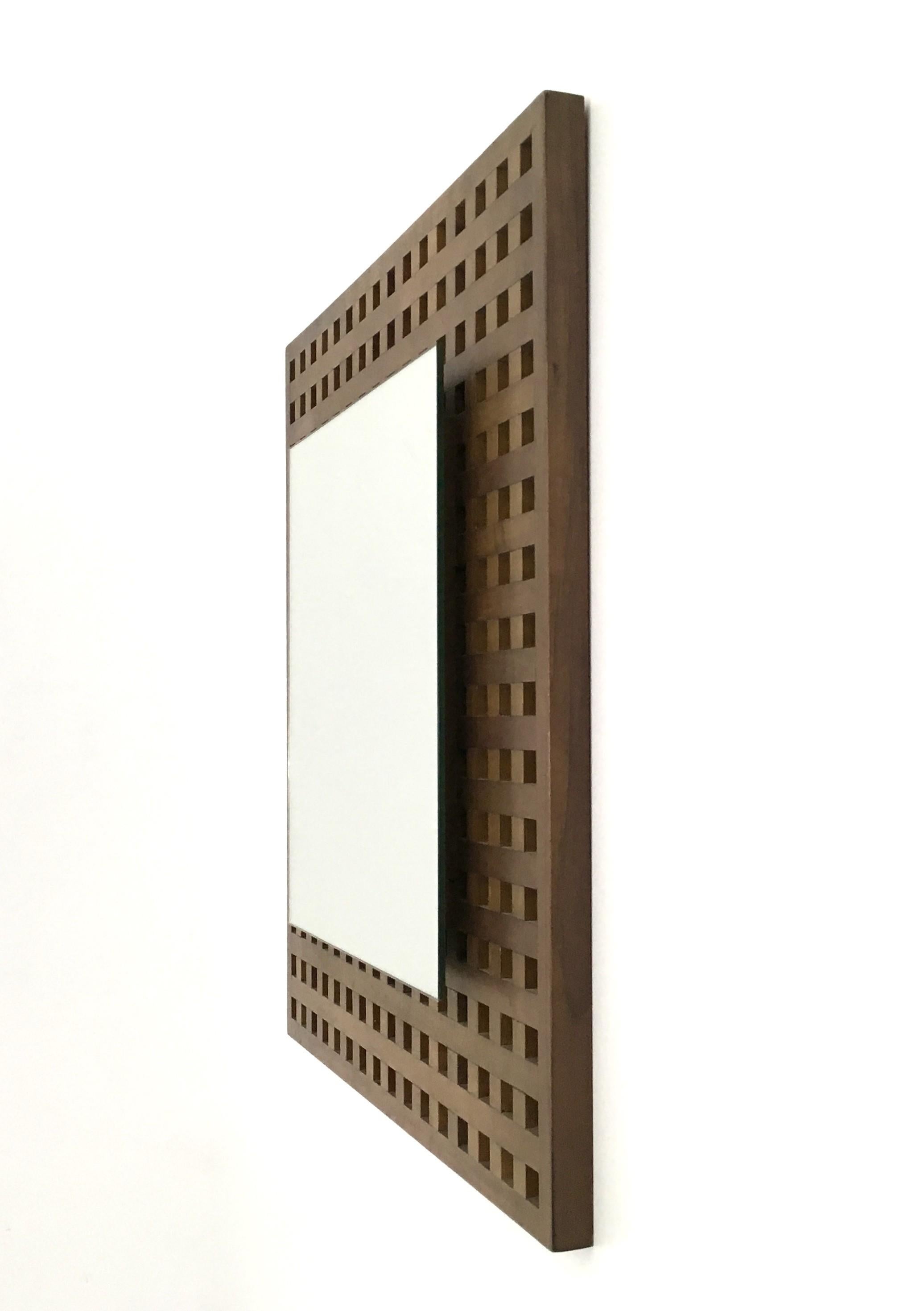Vintage Pair of Square Walnut Mirrors Produced by Sant'Ambrogio e Deberti, Italy For Sale 1