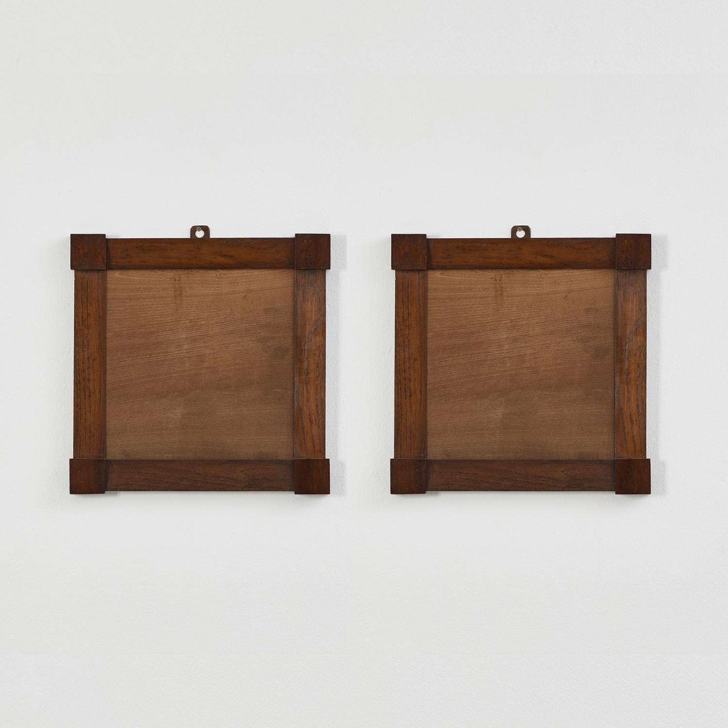 A finely crafted pair of Italian 19th-century square frames in walnut veneer. Each features clean, geometric lines and a warm, rich patina that highlights the natural grain of the wood. Simple yet elegant, these frames embody understated classical