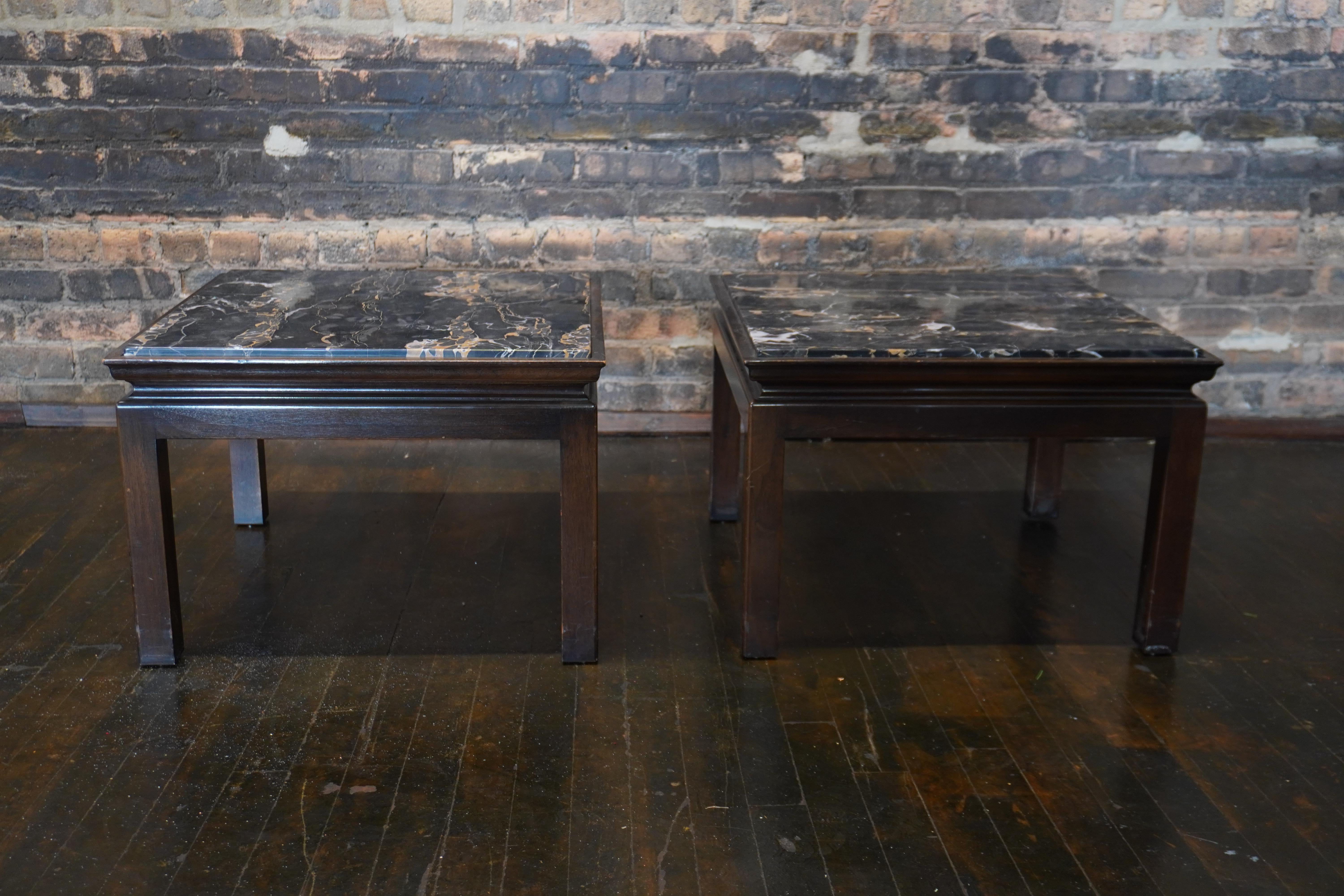 Mid-Century Modern Pair of Square Widdicomb End Tables with Nero Portoro Marble Tops For Sale