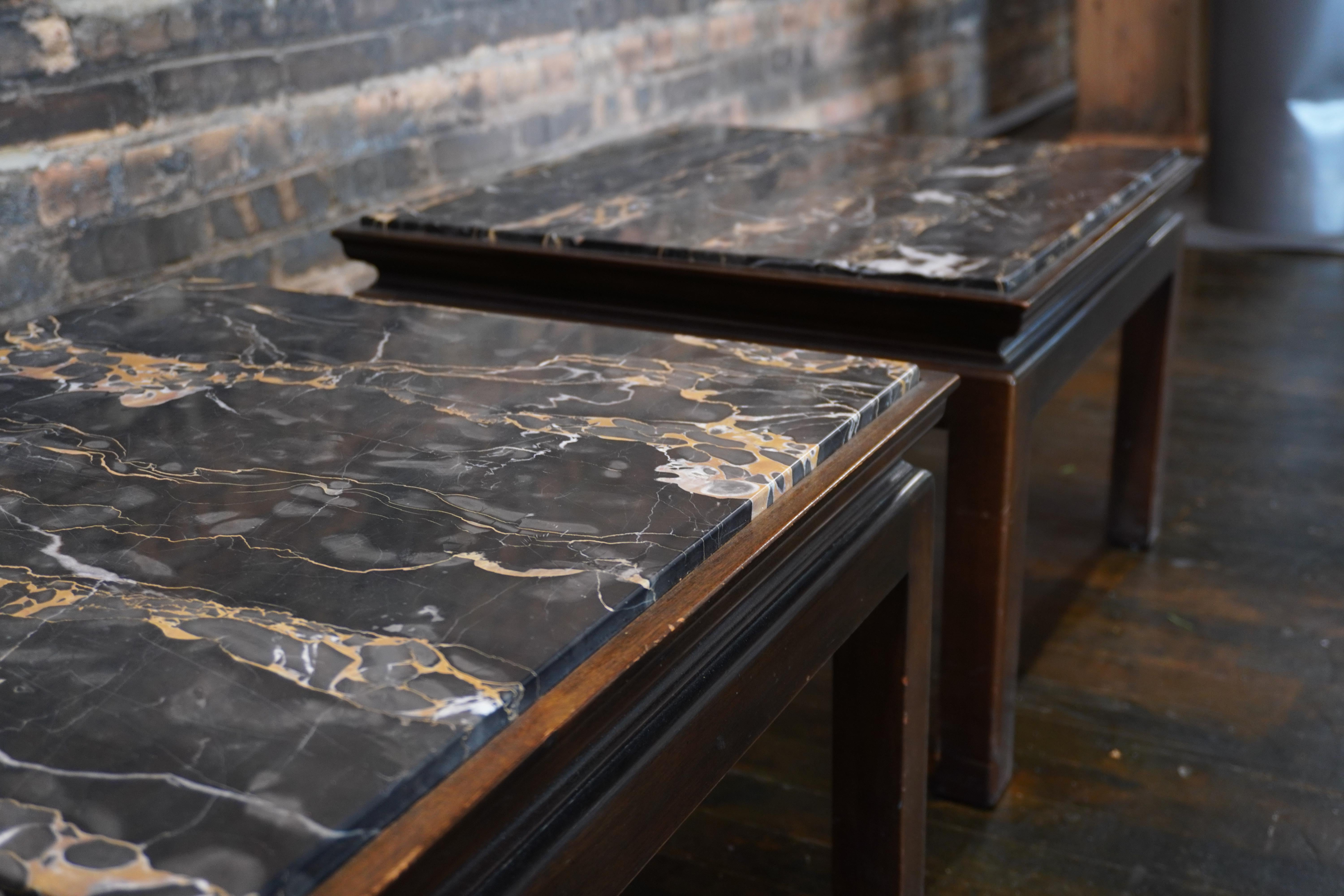 Pair of Square Widdicomb End Tables with Nero Portoro Marble Tops In Good Condition For Sale In Chicago, IL
