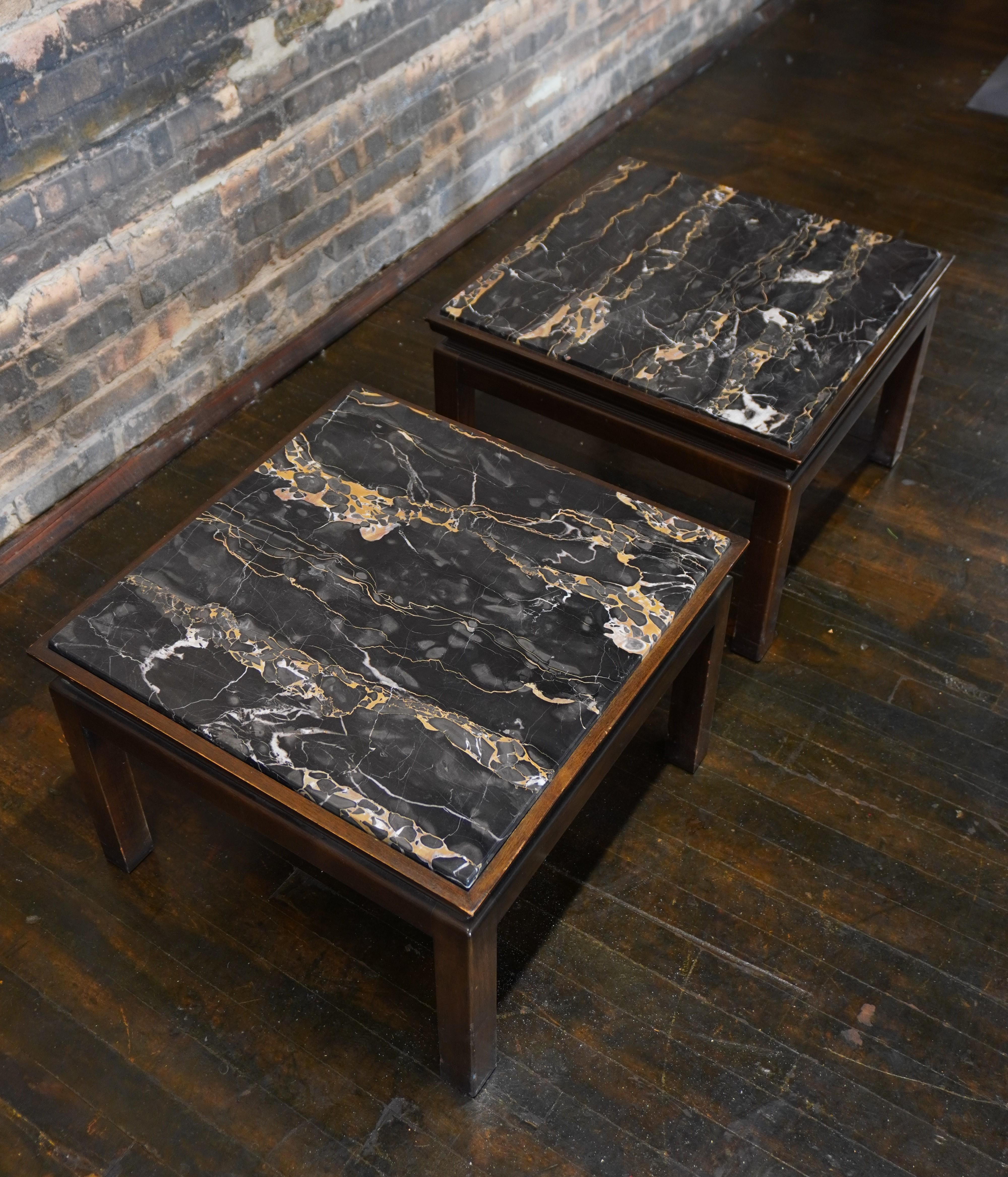 Mid-20th Century Pair of Square Widdicomb End Tables with Nero Portoro Marble Tops For Sale