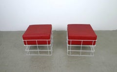 Pair of Square Wire Stools with Red Cushions, Germany, 1960s
