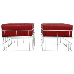Pair of Square Wire Stools with Red Cushions, Germany, 1960s