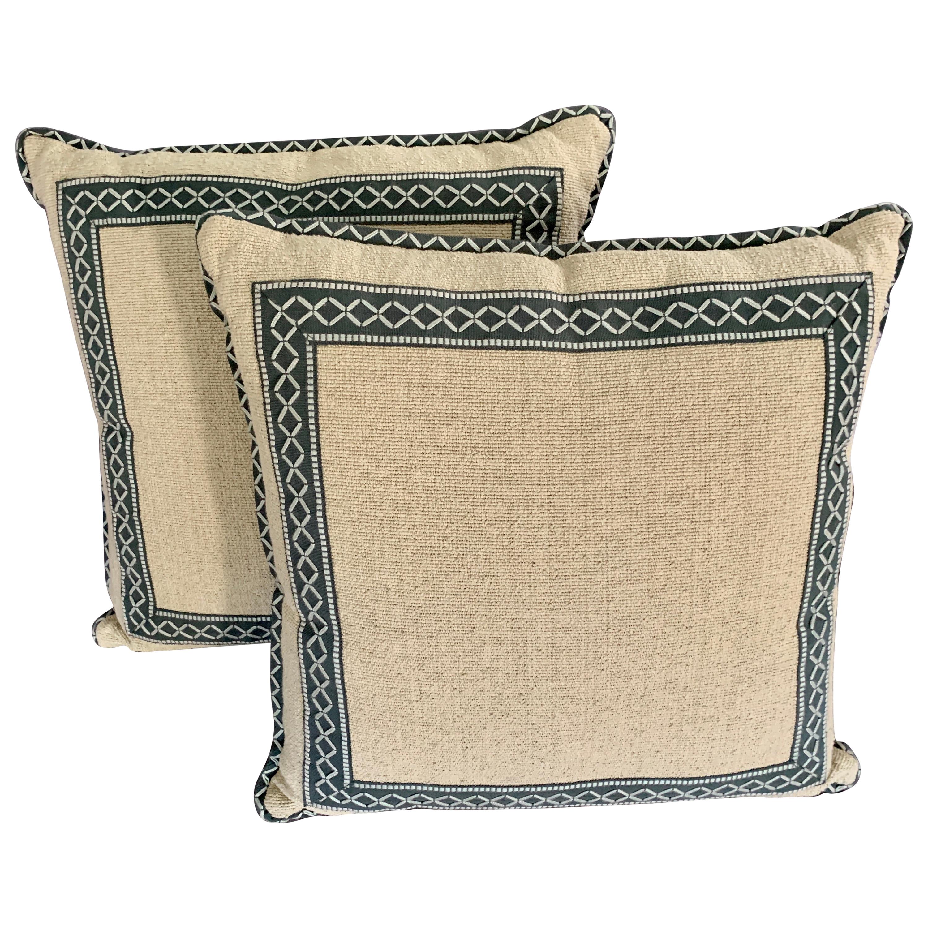 Pair of Square Woven Pillows with Custom Trim and Edging For Sale