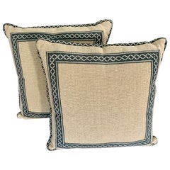 Vintage Pair of Square Woven Pillows with Custom Trim and Edging