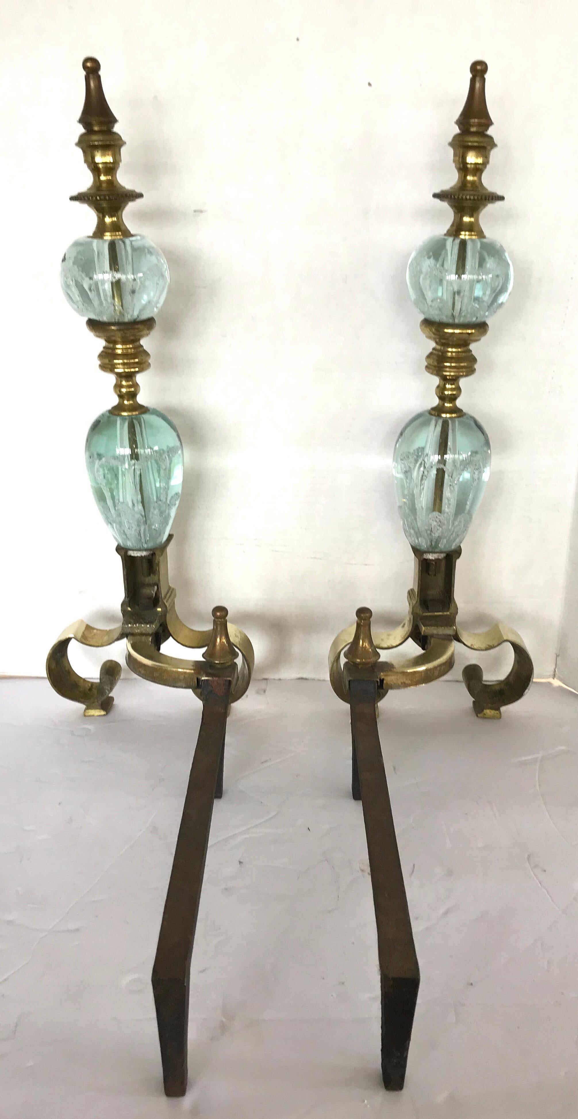 Pair of St. Clair Crystal Ball and Brass Andirons 1