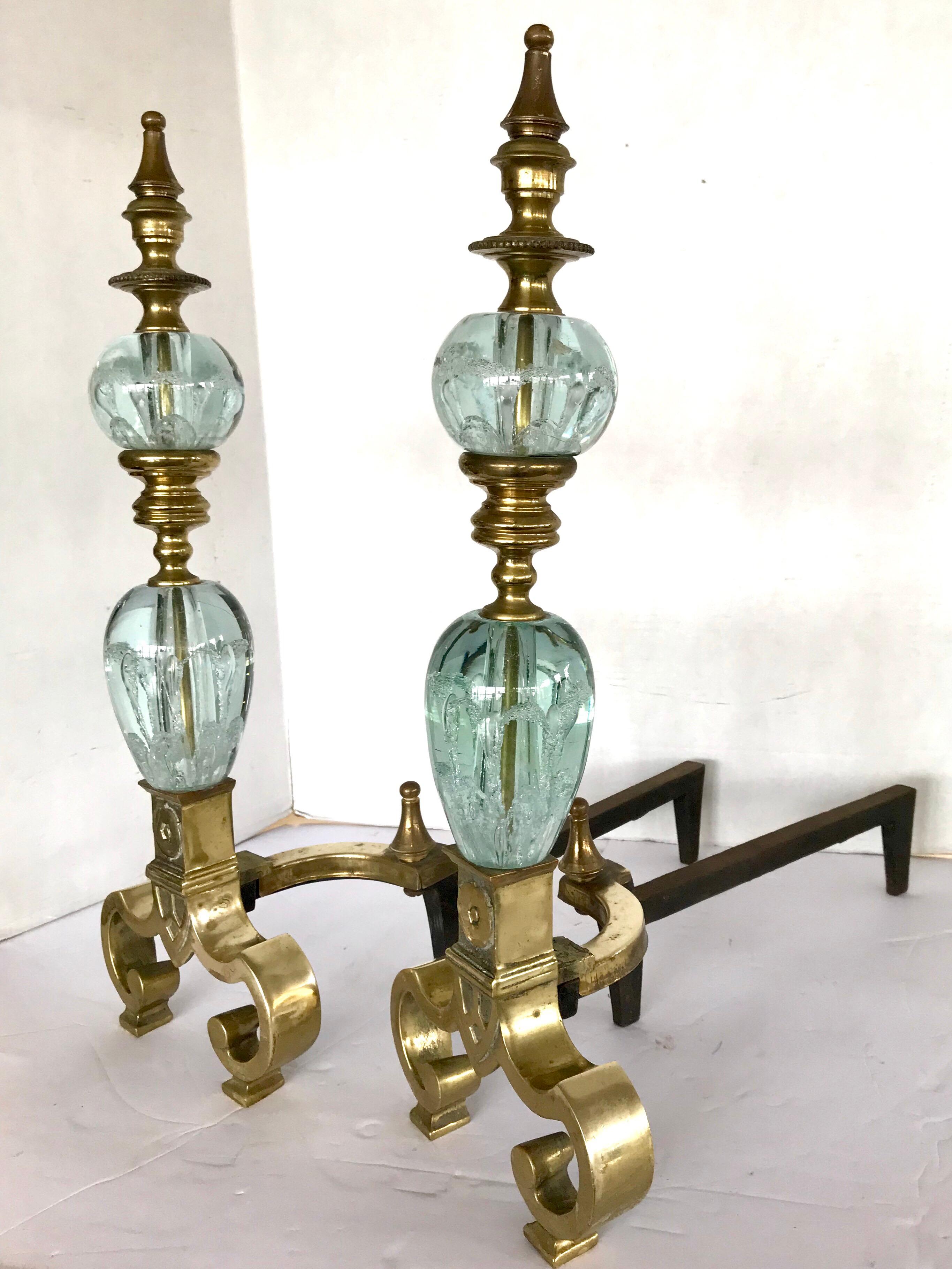 Empire Pair of St. Clair Crystal Ball and Brass Andirons