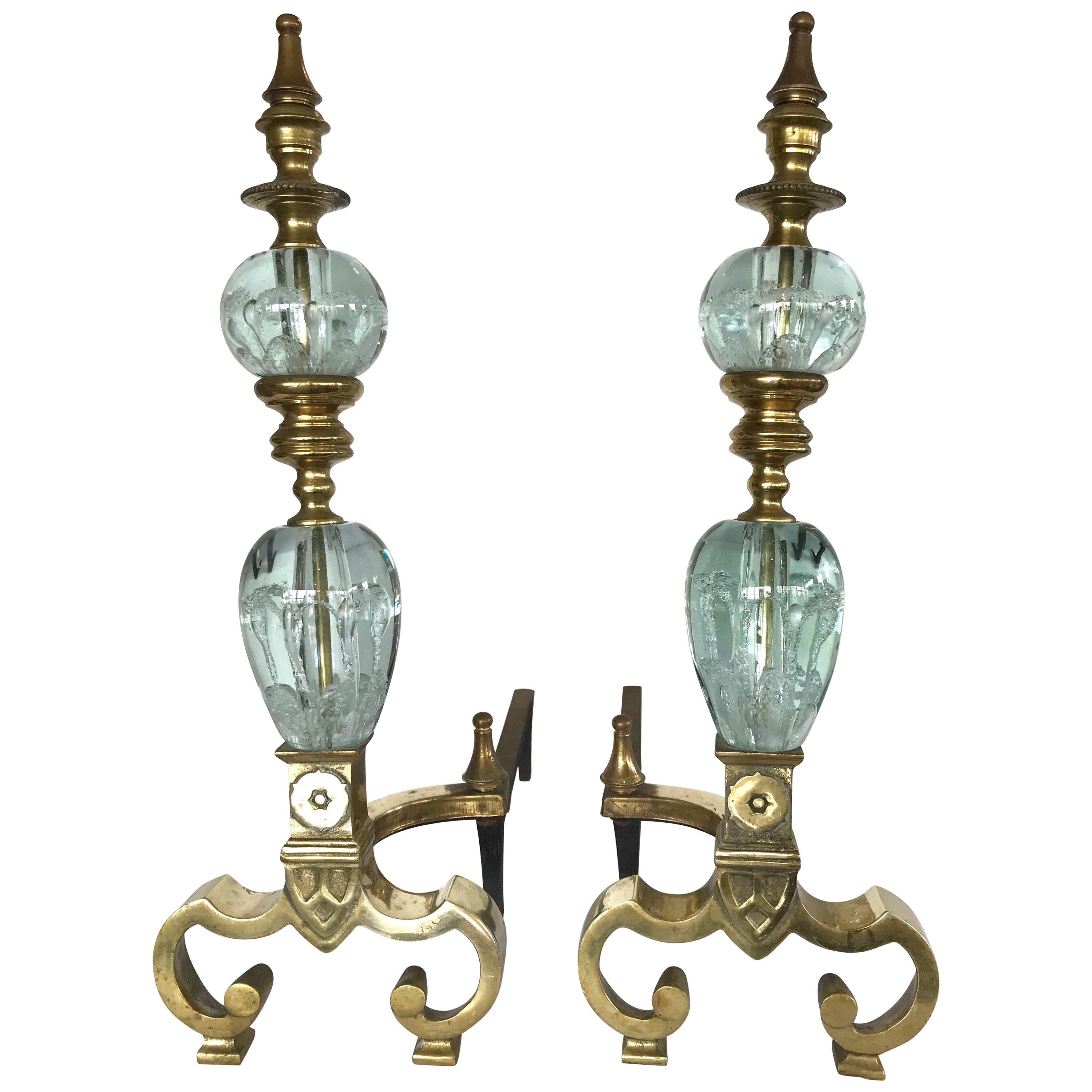 Pair of St. Clair Crystal Ball and Brass Andirons
