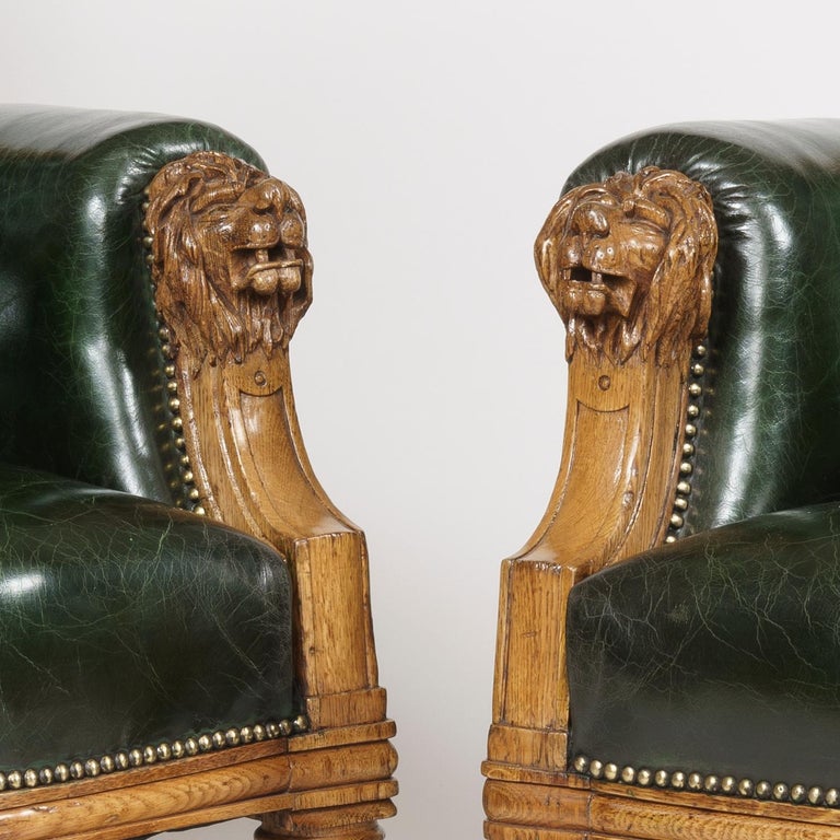 English Pair of Green Leather St James's Club Library Armchairs of the late 19th Century For Sale