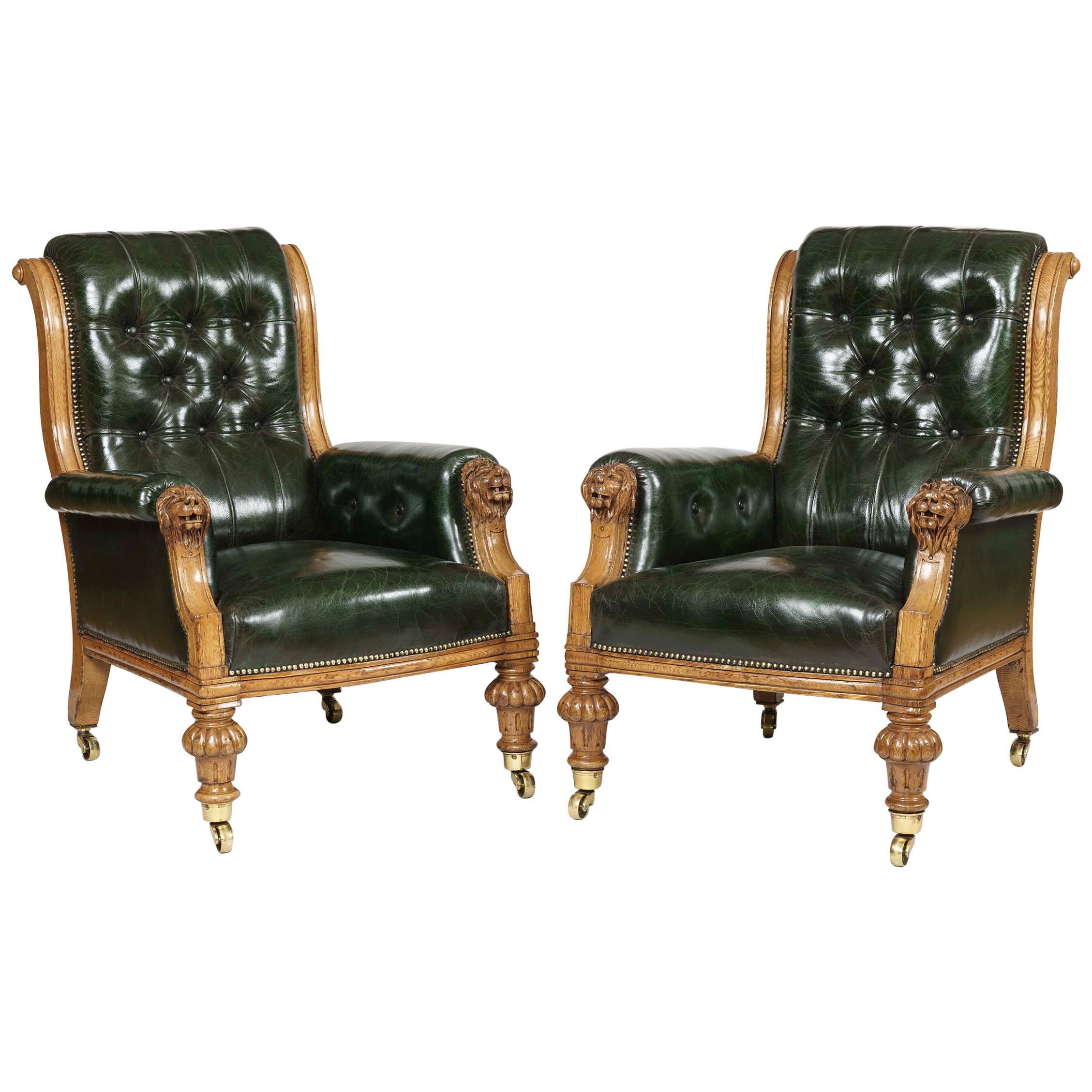 Pair of Green Leather St James's Club Library Armchairs of the late 19th Century