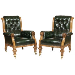 Pair of Green Leather St James's Club Library Armchairs of the late 19th Century