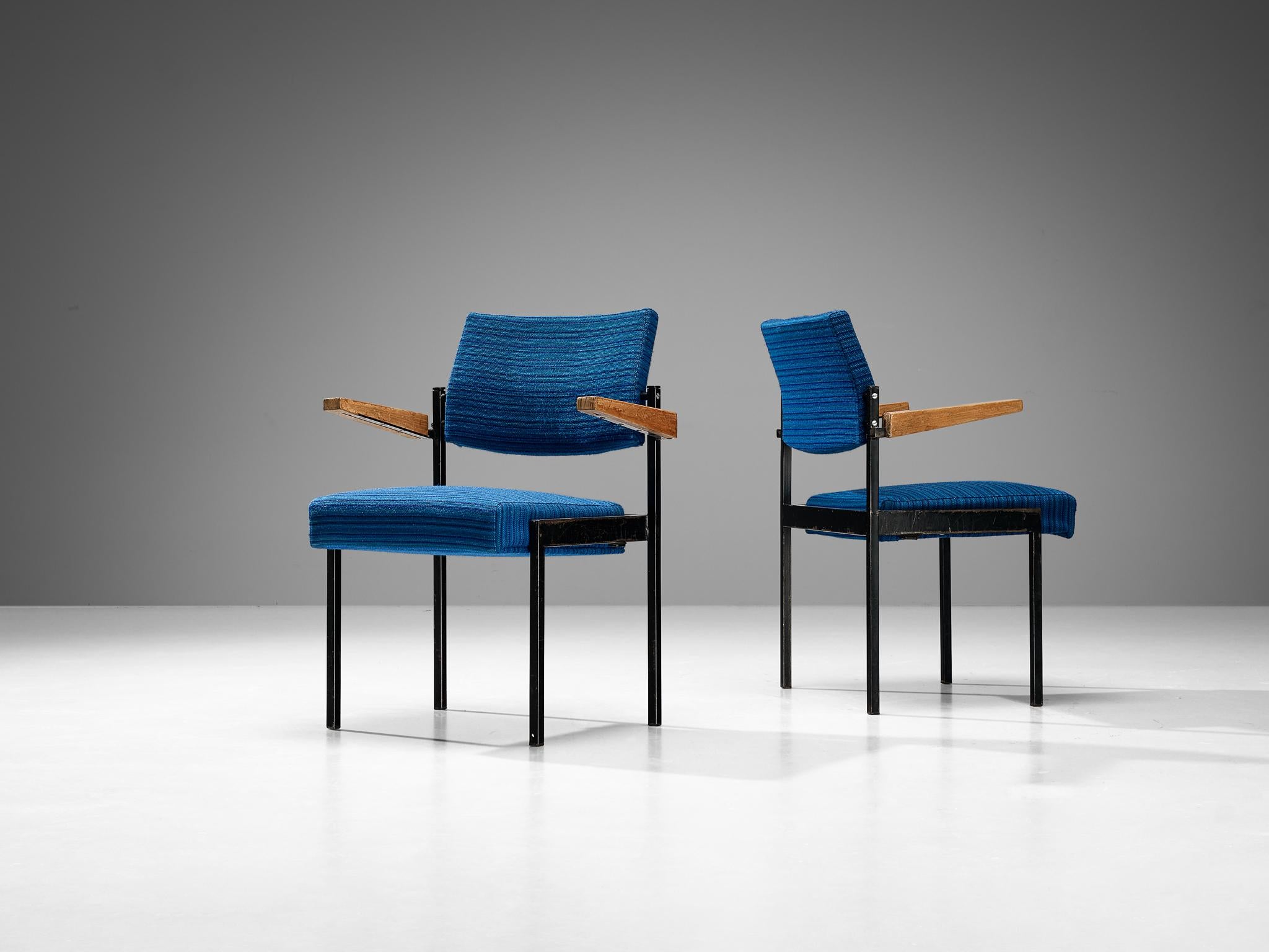 Dutch Pair of Stackable Armchairs in Blue Upholstery and Black Metal Frame  For Sale