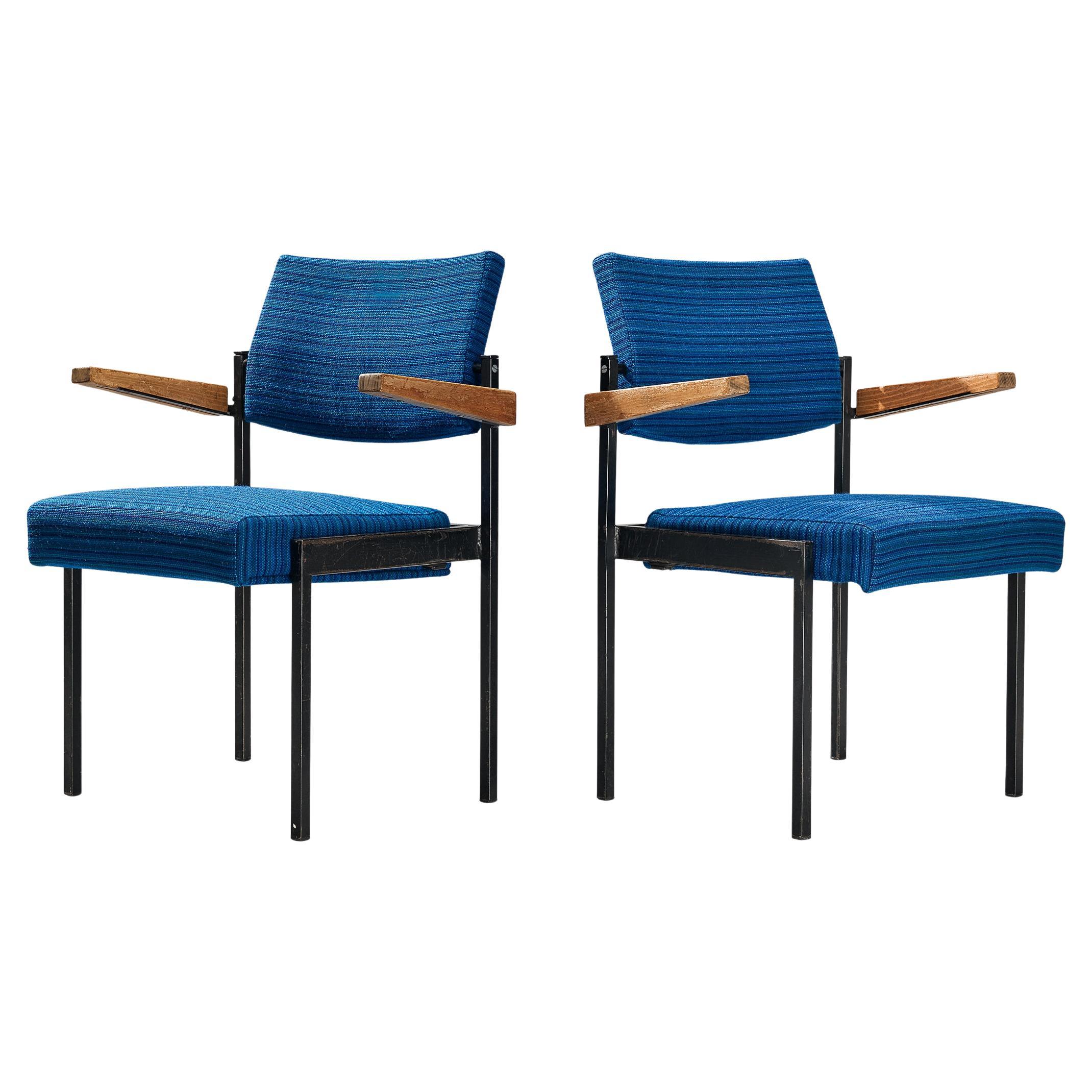 Pair of Stackable Armchairs in Blue Upholstery and Black Metal Frame 