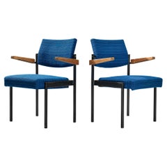 Vintage Pair of Stackable Armchairs in Blue Upholstery and Black Metal Frame 