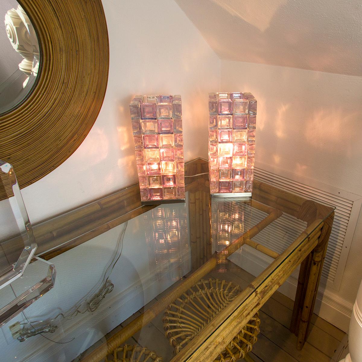 Pair of stacked clear and lavender glass cube table lamps with chrome detail.