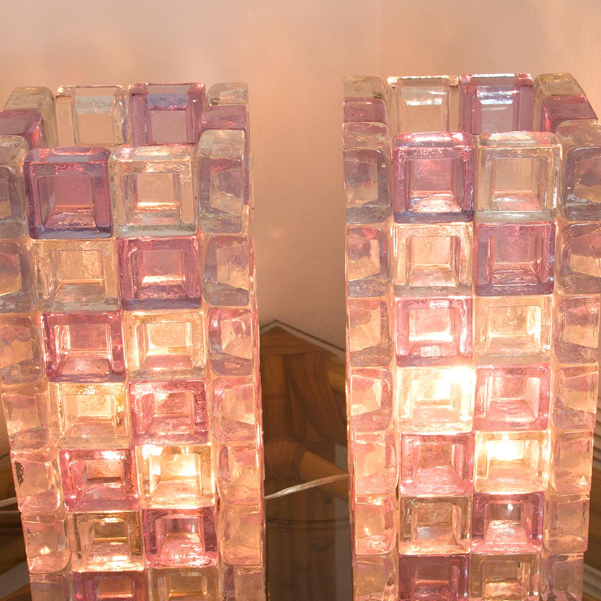 Italian Pair of Stacked Clear and Lavender Glass Cube Table Lamps with Chrome Detail For Sale