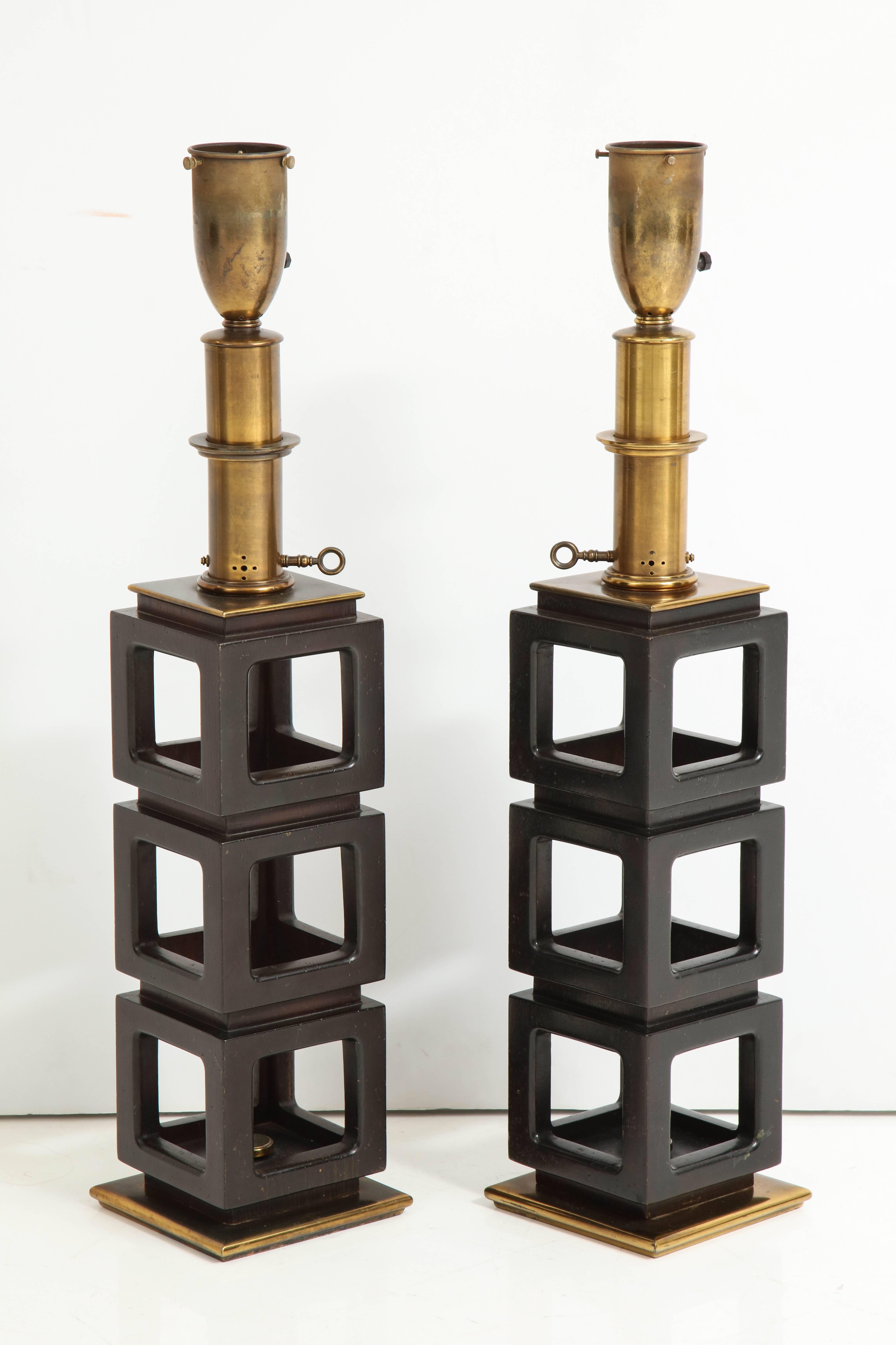 Carved Pair of Stacked Cubes Lamps by Steiffel For Sale